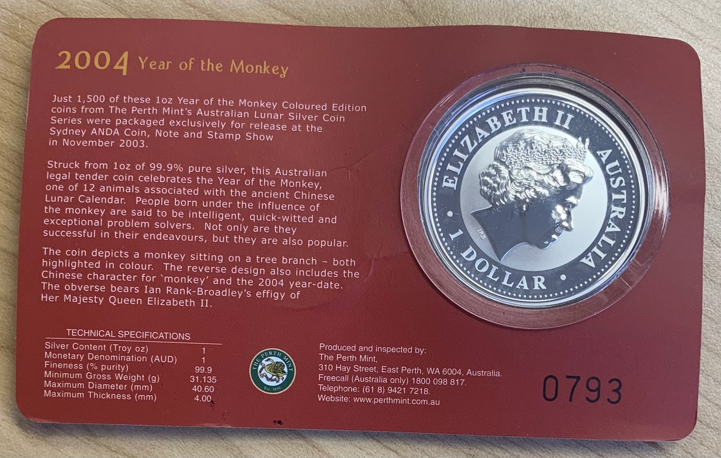 Australia 2004 $1 Year Of The Monkey coloured ANDA Sydney Limited Edition Silver Coin - Image 2