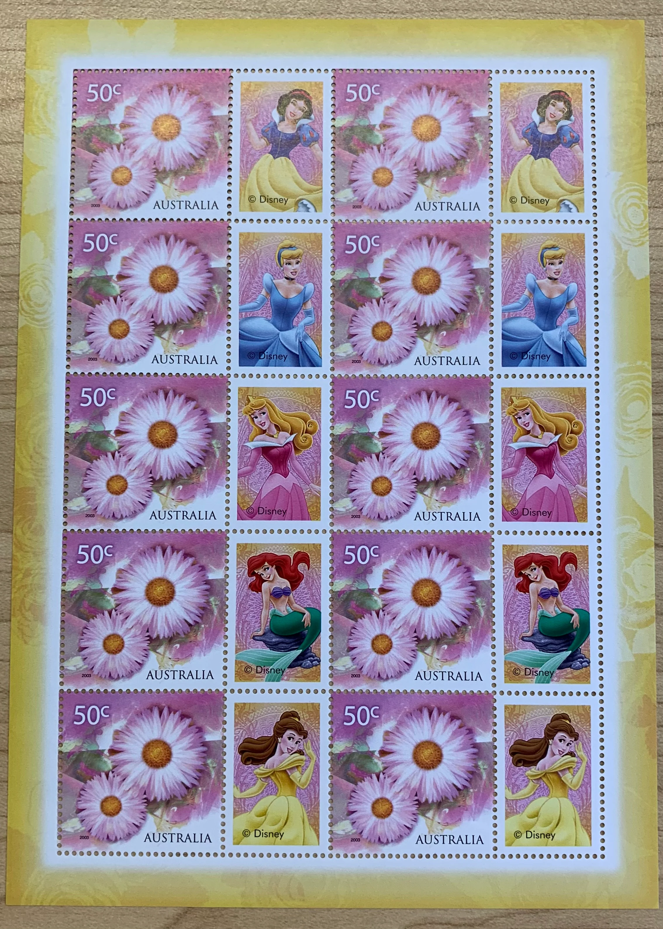 Australia 2003 50c Disney Princess SES Stamp Sheet.  Limited edition