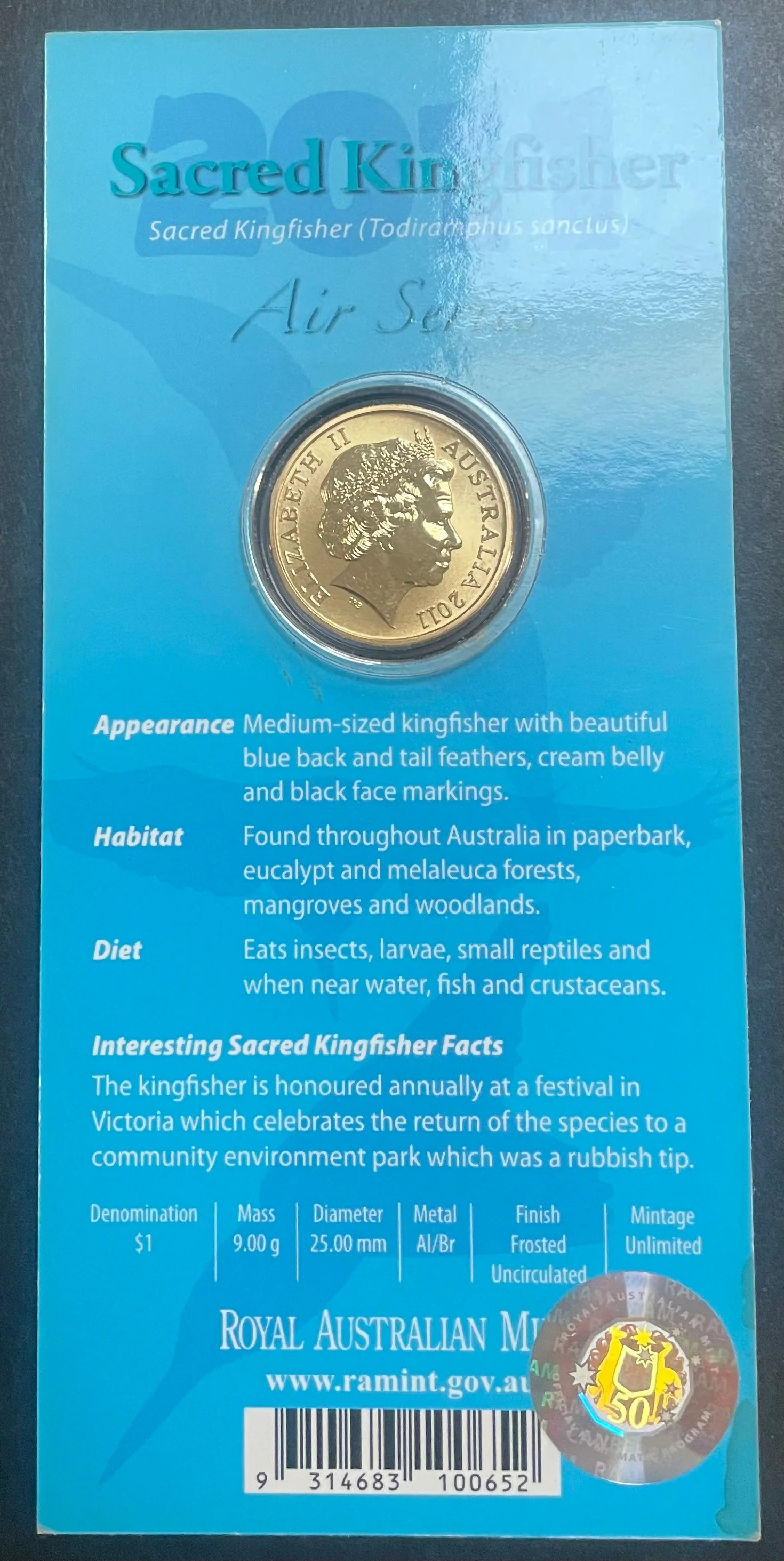 Australia 2011 Royal Australian Mint $1 Air Series Sacred Kingfisher coloured Carded Coin - Image 2