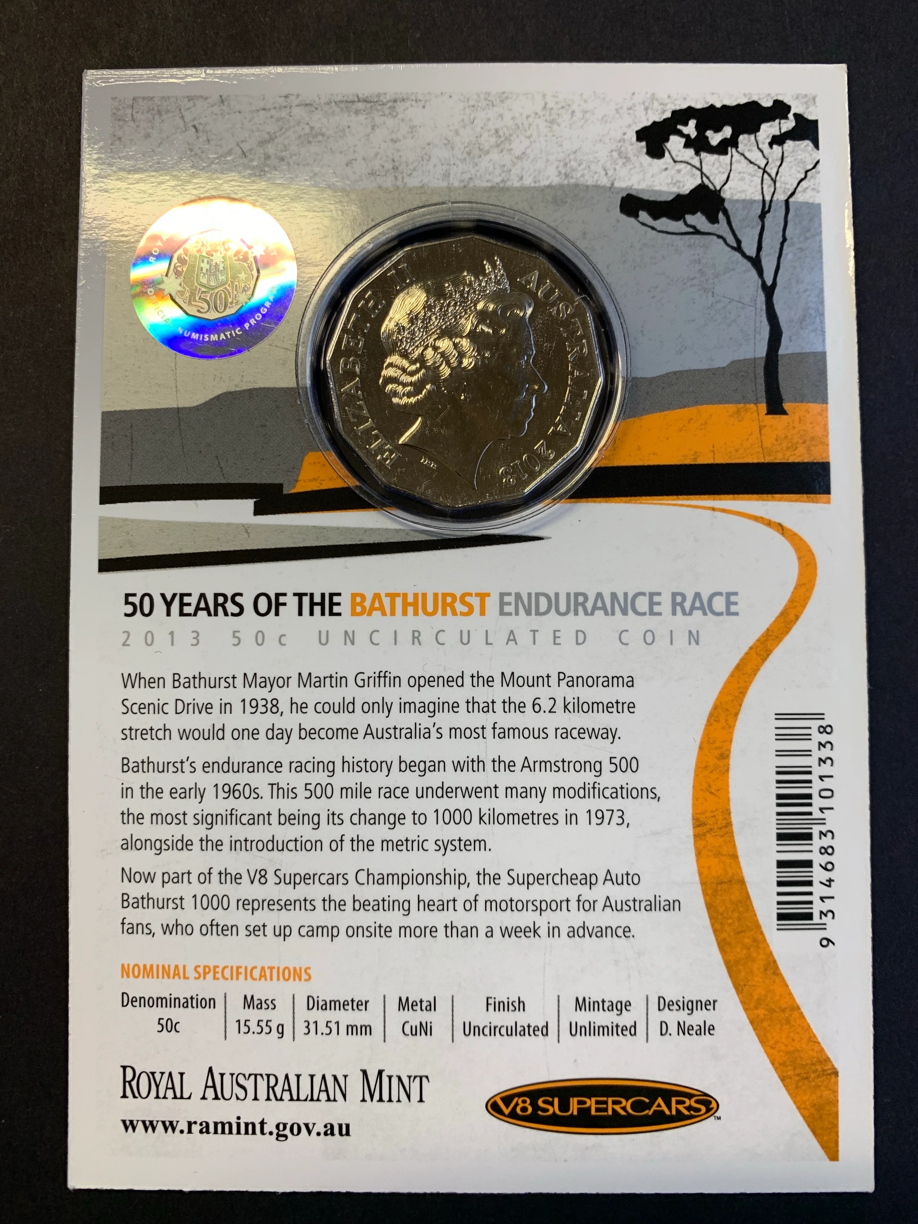 Australia 2013 Bathurst car Racing Anniversary carded 50 cents carded coin - Image 2