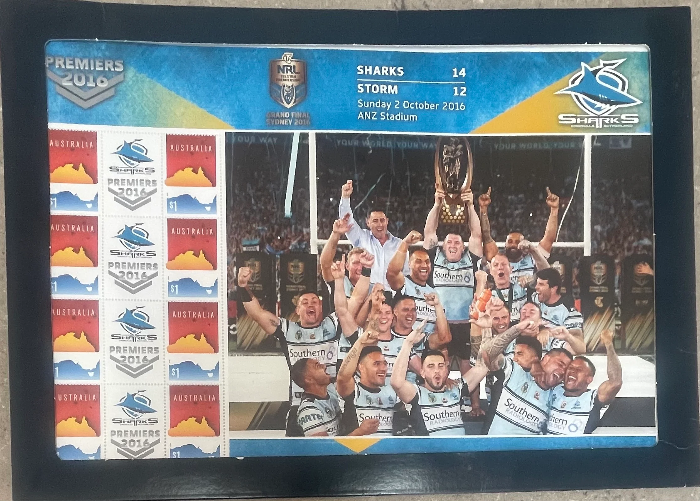 Australia 2016 $1 Sharks NRL Rugby Premiers SES Stamp Sheet. Limited edition