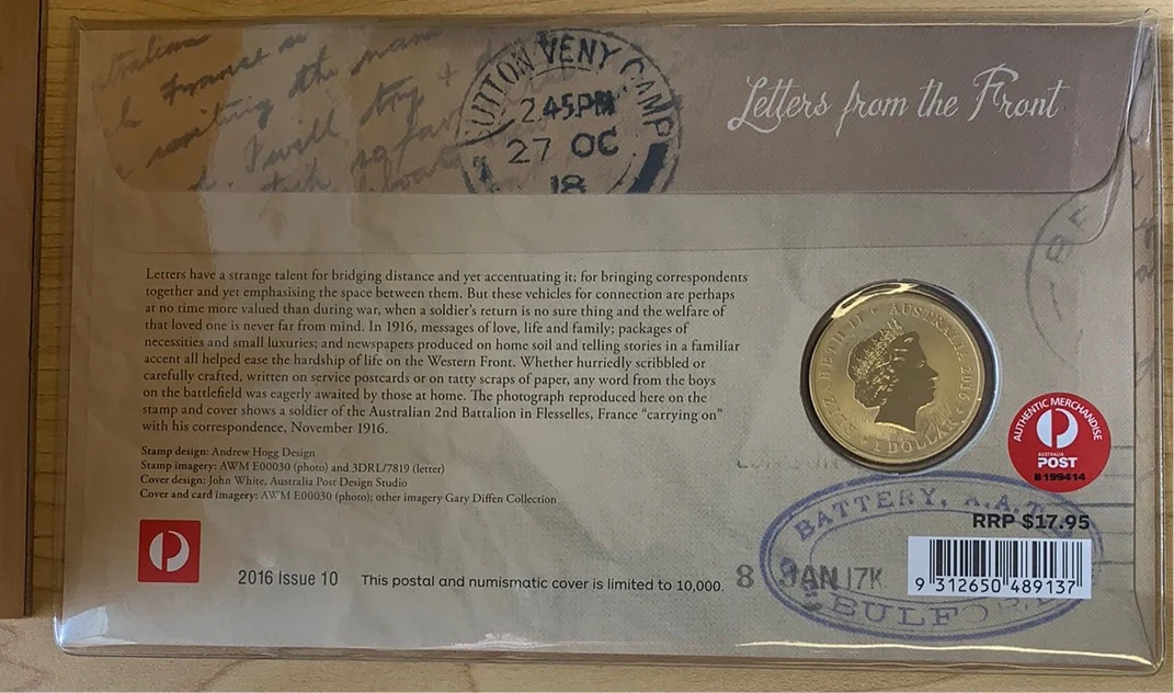 Australia 2016 Letters from the Front PNC with $1 coin - Image 2