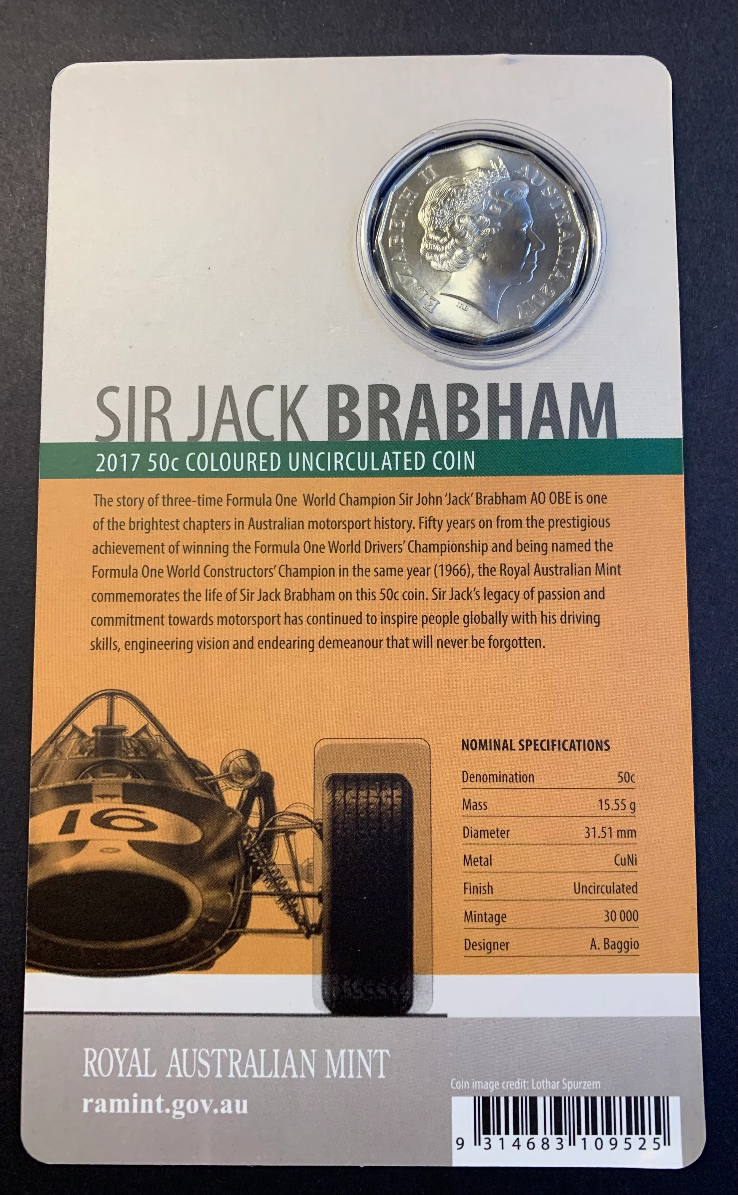 Australia 2017 RAM Sir Jack Brabham 50 cents Carded Coloured Coin - Image 2