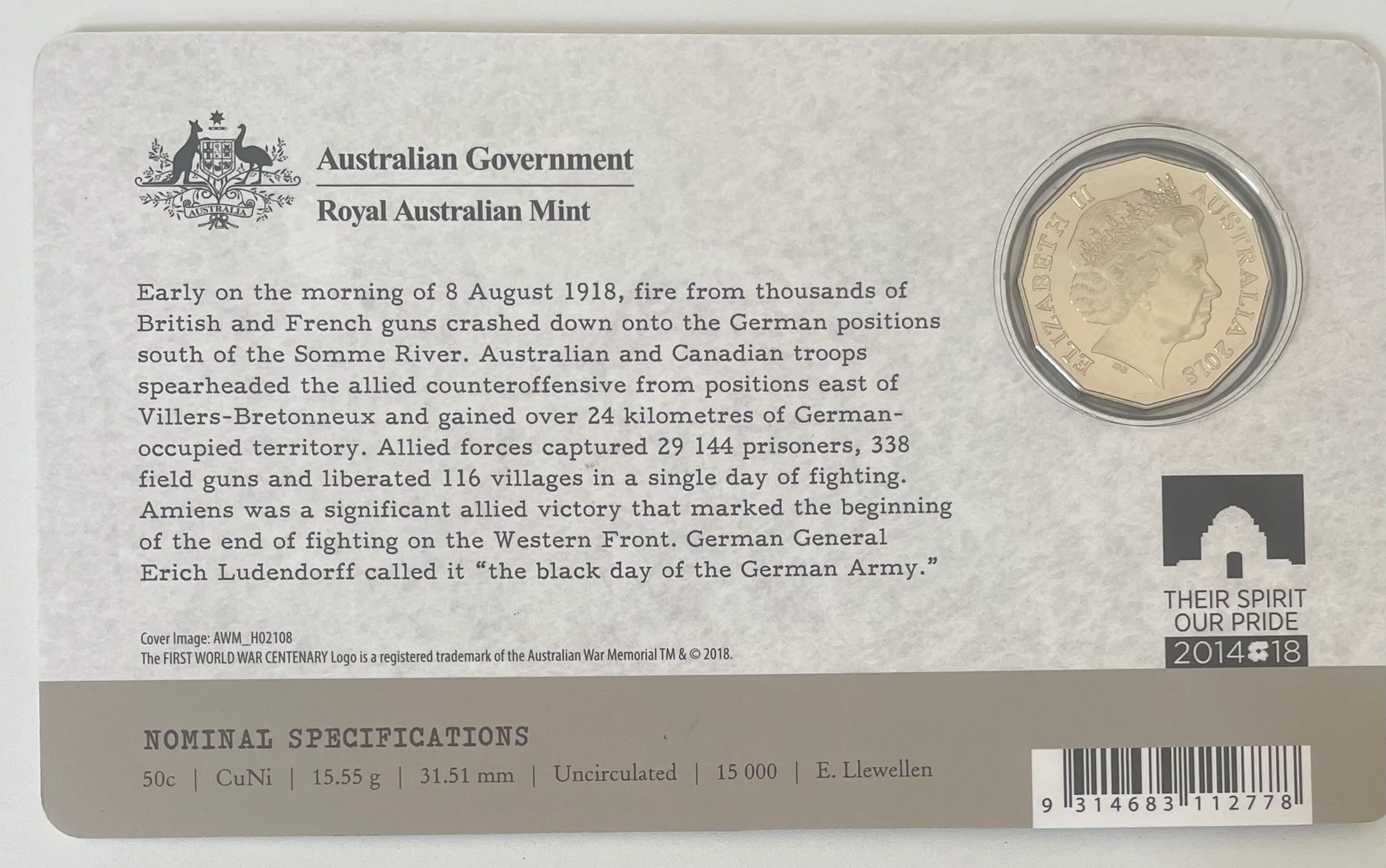Australia 2018 50c Battle of Amiens. Carded coin - Image 2