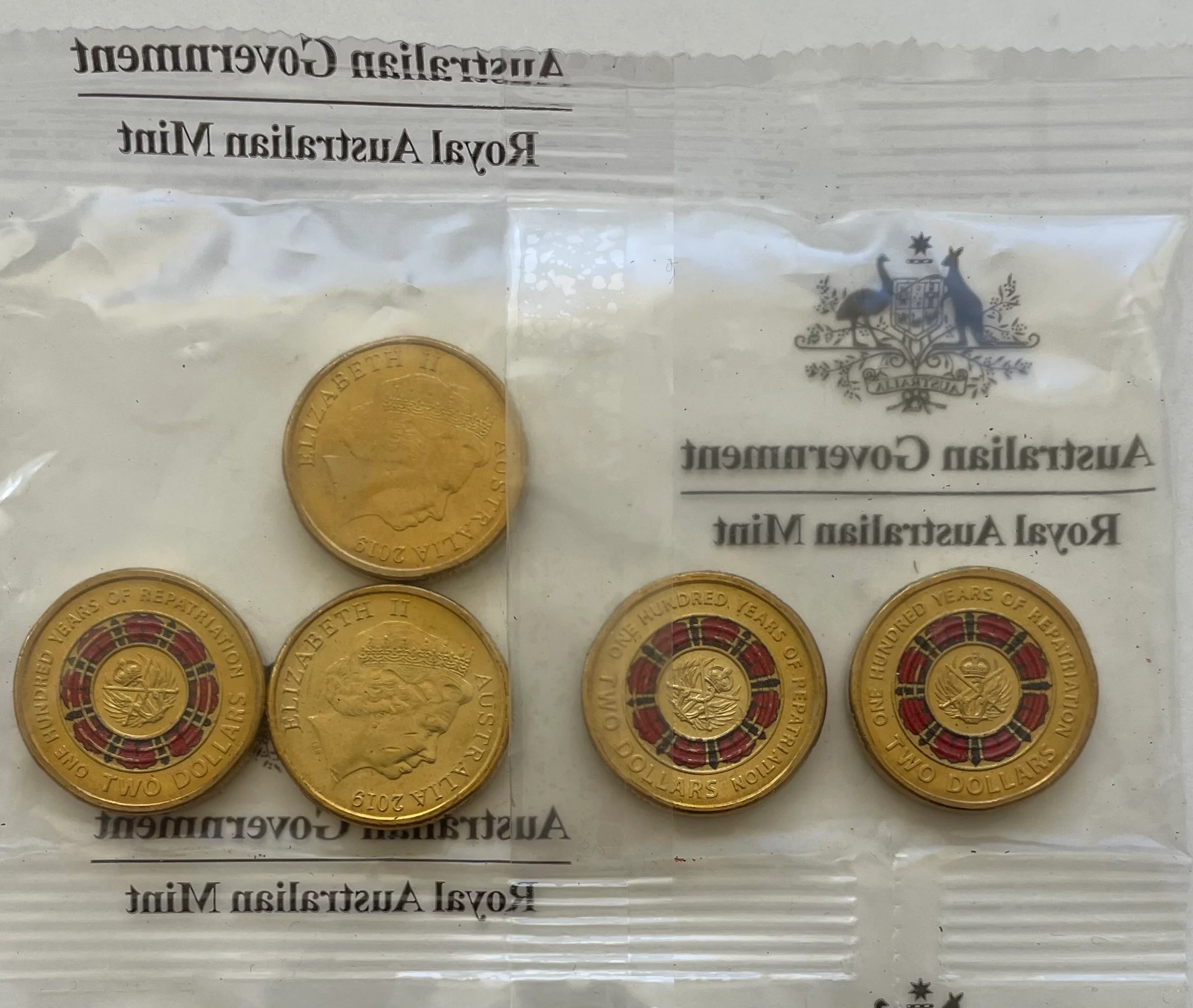 Australia 2019 Royal Australian Mint $2 Coloured Repatriation coin bag of 5 - Image 3
