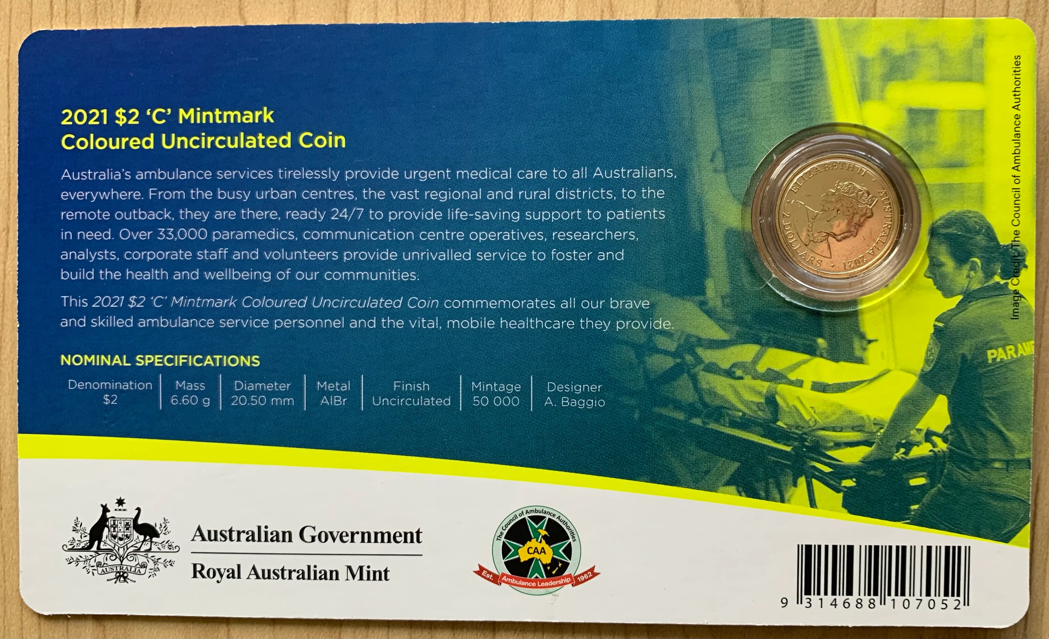 Australia 2021 Royal Australian Mint $2 Ambulance Service Coloured Coin C Mintmark - Image 2