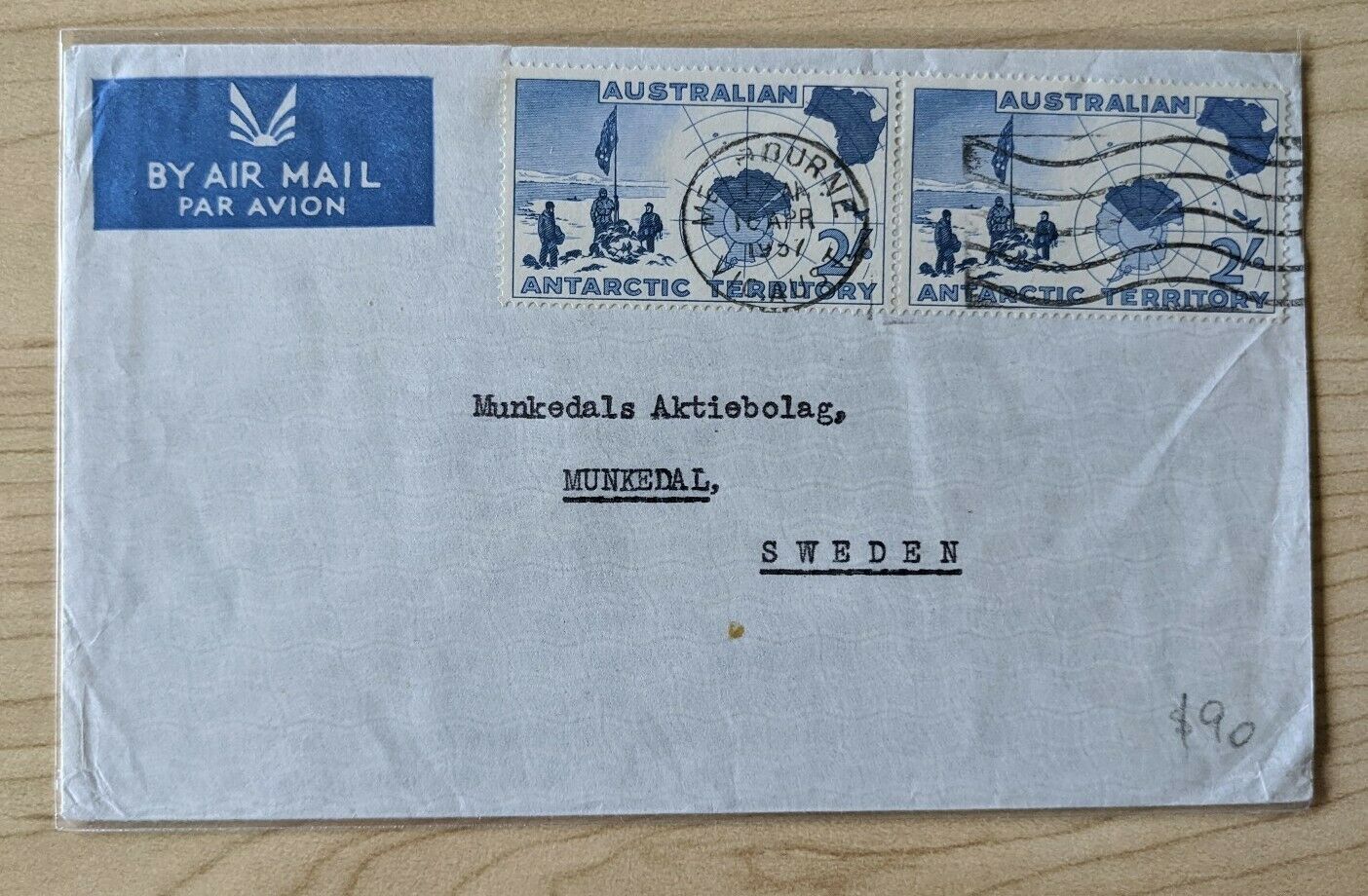 Australia 2x 2/- Antarctic Territory map Air Mail Melbourne - Sweden 1957