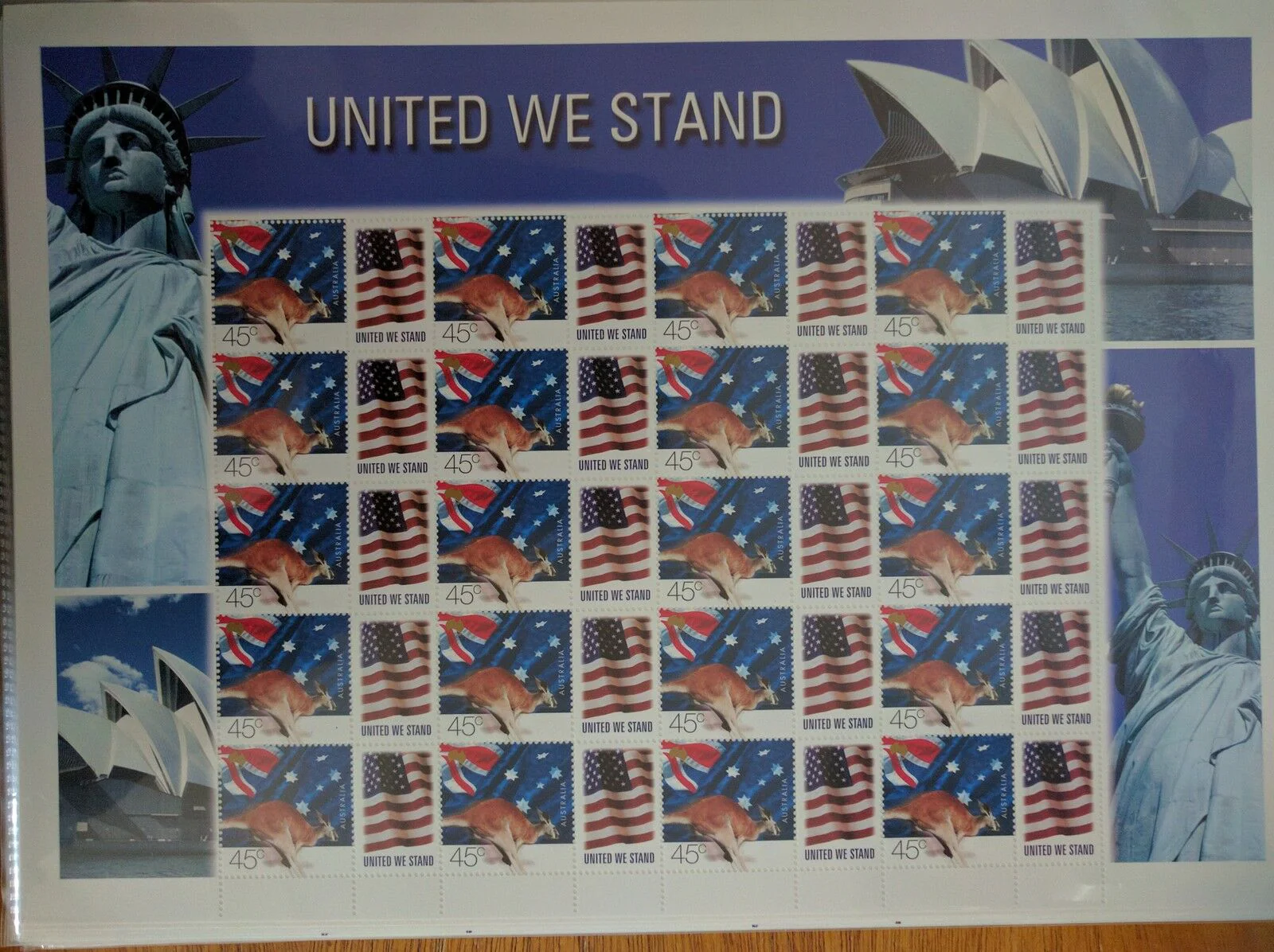 Australia 45c Special Exhibition Sheet SES - United We Stand USA - Kangaroo & Flag