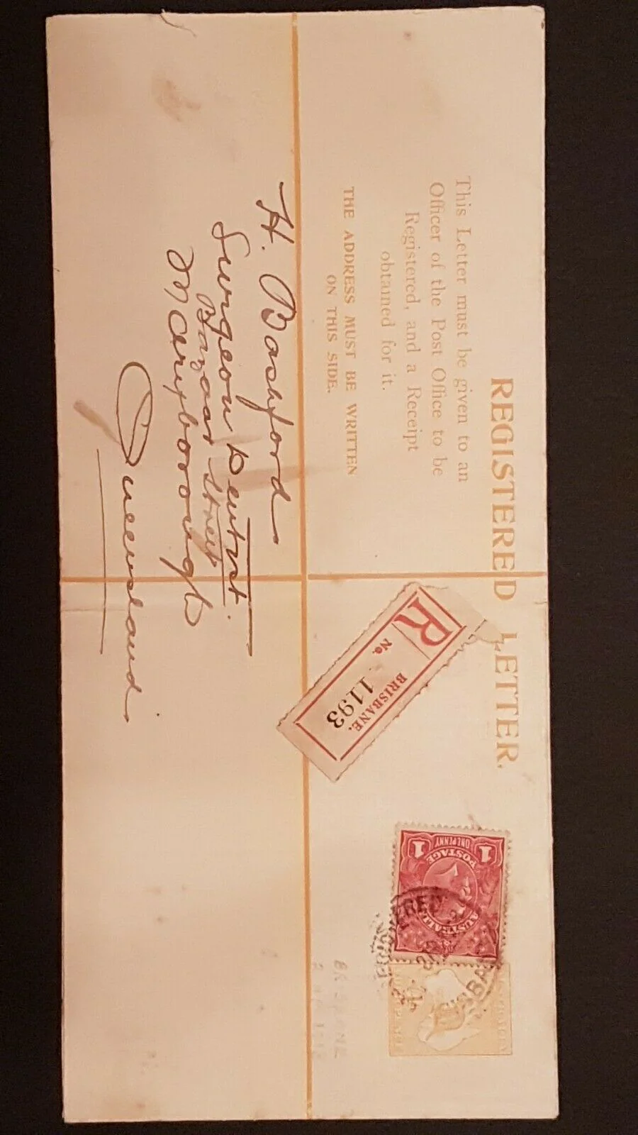 Australia 4d Kangaroo registered long envelope + 1d KGV ACSC RE2 spots