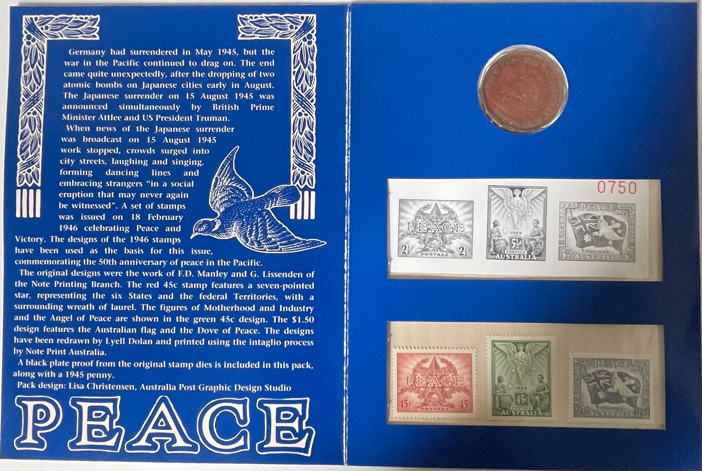 Australia 50th Anniversary of Peace in the Pacific Folder 1945 1d coin and 1995 Stamps - Image 2