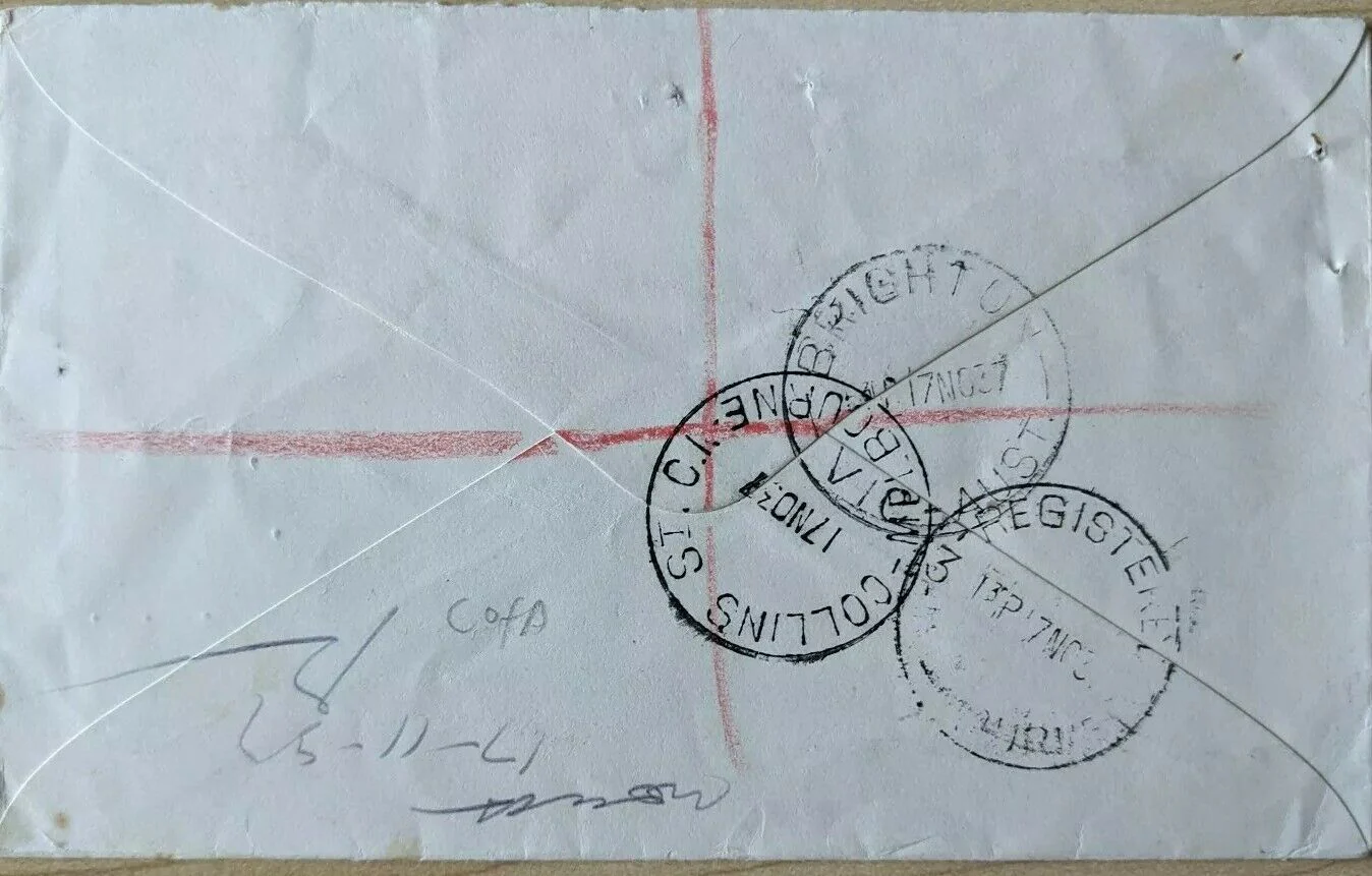 Australia 5d KGV Registered cover, Collins St Melbourne - Brighton Beach Stamp - Image 2
