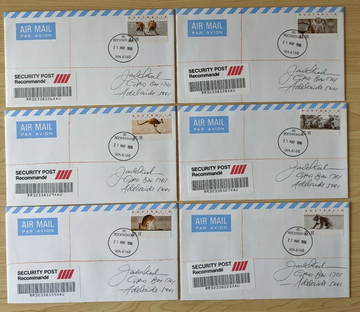Australia $7.95 Counter-printed stamps Roos & Koalas on 6 Registered Envelopes