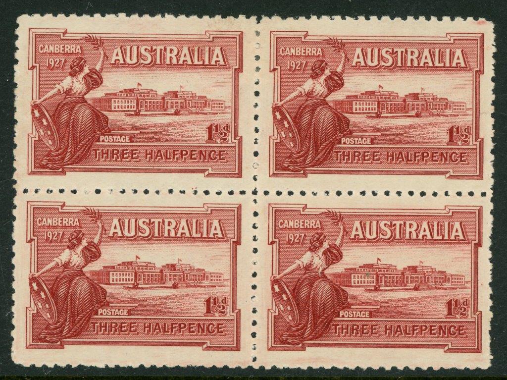 Australia BW 132g 1927 11/2d Canberra "Broken 1st A in Australia top left unit" vaiety Block of 4 MLH