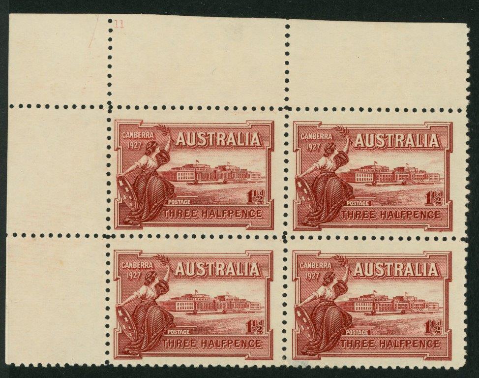 Australia BW 132zj  1927 11/2d Canberra Plate 11 Block of 4 MLH