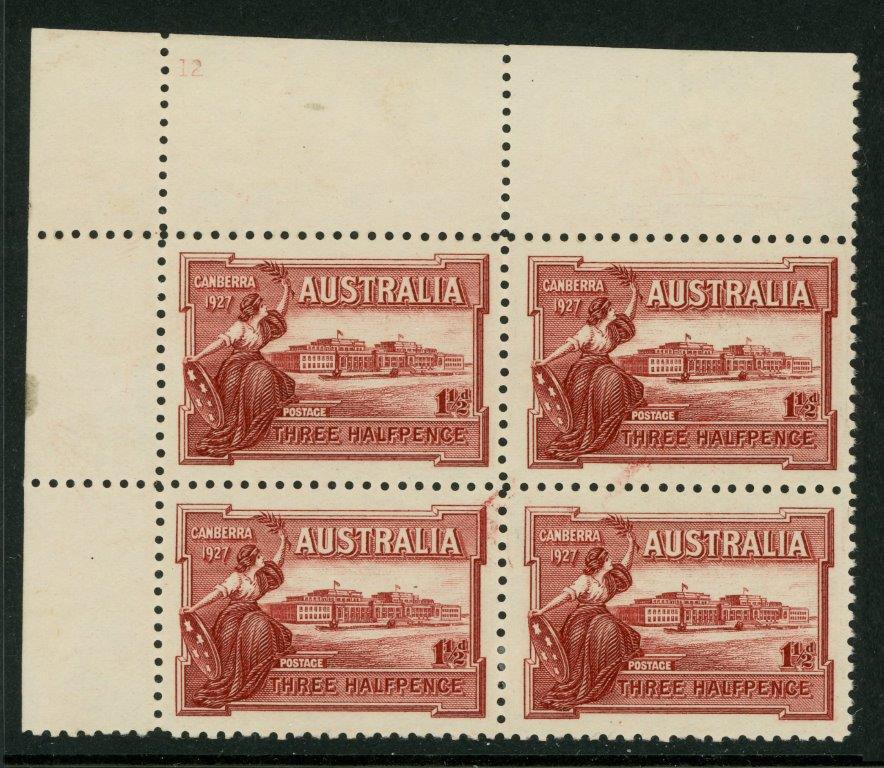 Australia BW 132zk  1927 11/2d Canberra Plate 12 Block of 4 MLH