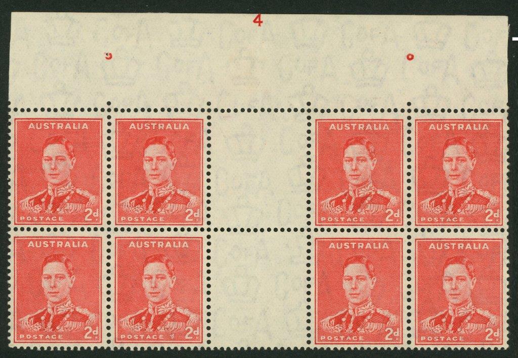 Australia BW 188zc 2d Red KGVI Plate 4 Gutter block of 8 MUH