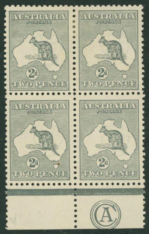 Australia BW 7(1)z 2d Two Pence Kangaroo Die 1 Monogram Block of 4 MLH