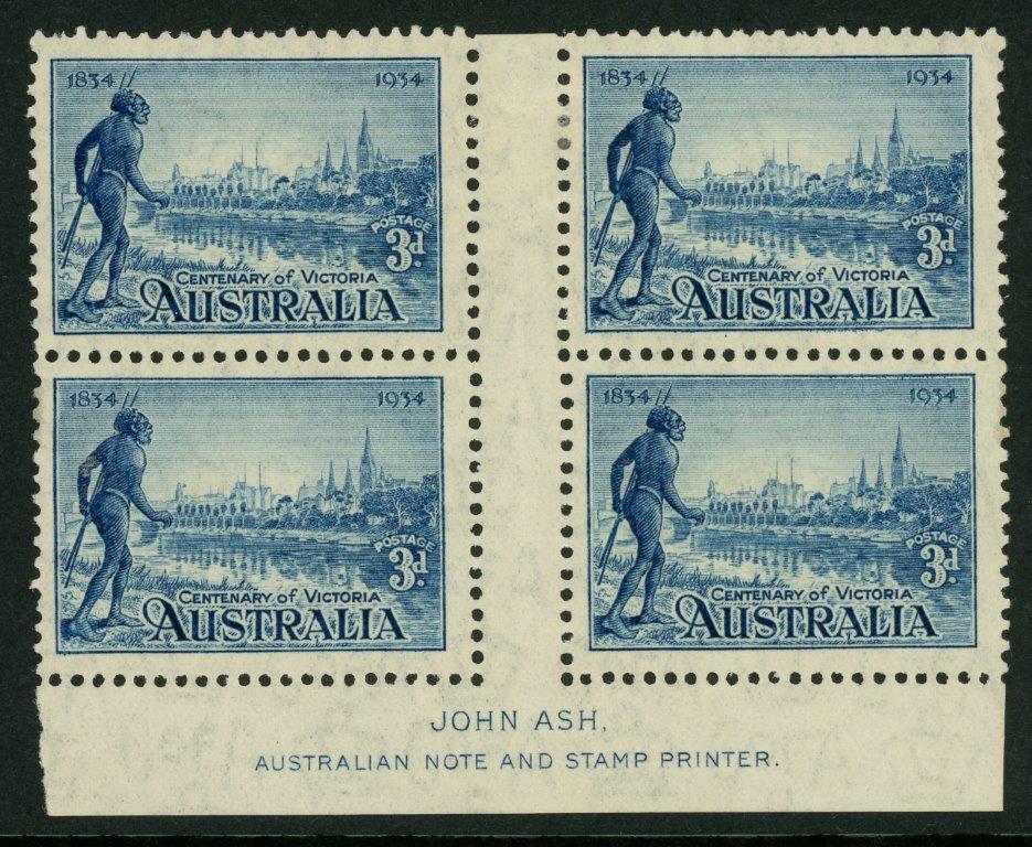 Australia BW155za SG 14 1934 Victoria Centenary Perf 11½  imprint block of 4 MUH Variety