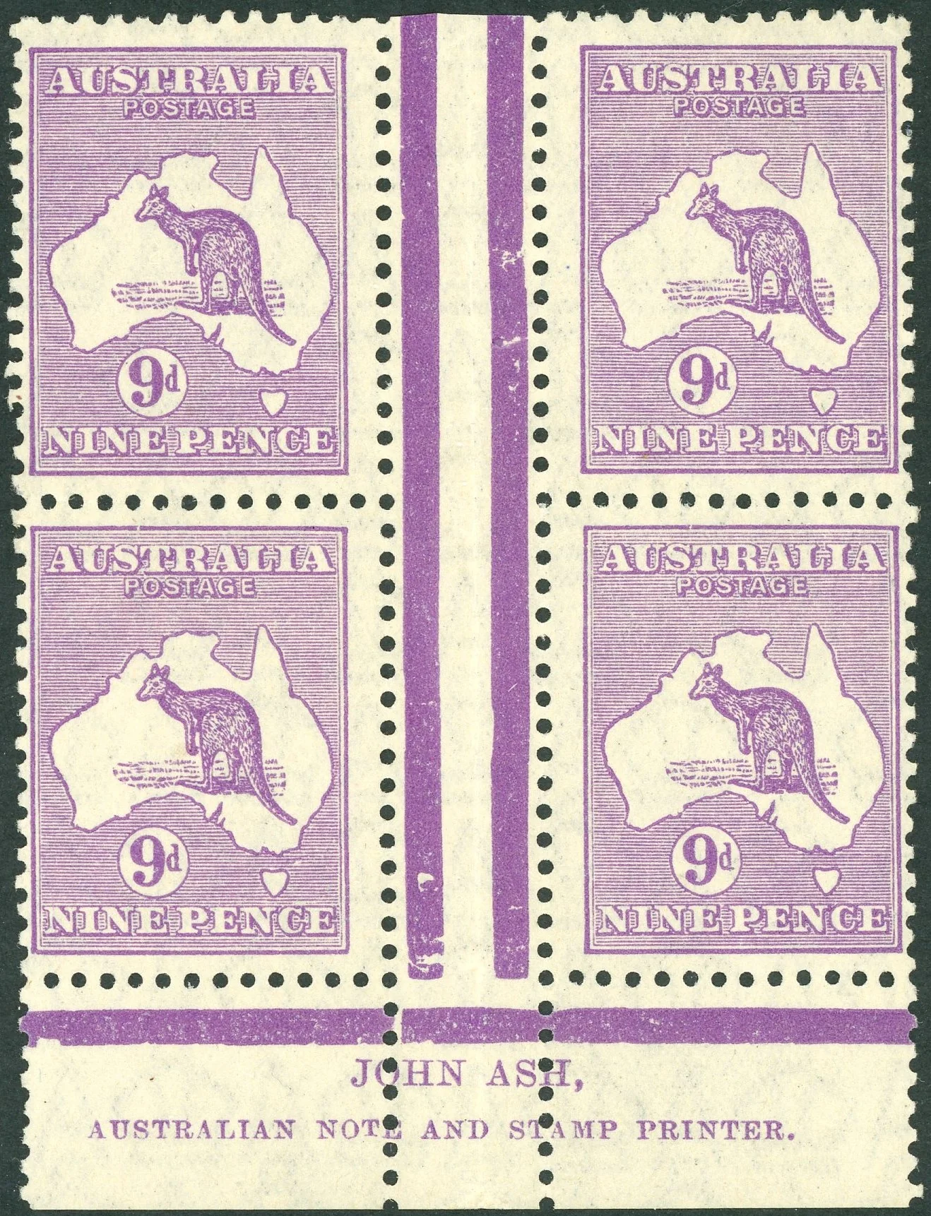 Australia BW 28(4)z 9d Nine Pence Kangaroo Block Ash Imprint Lower Position MUH