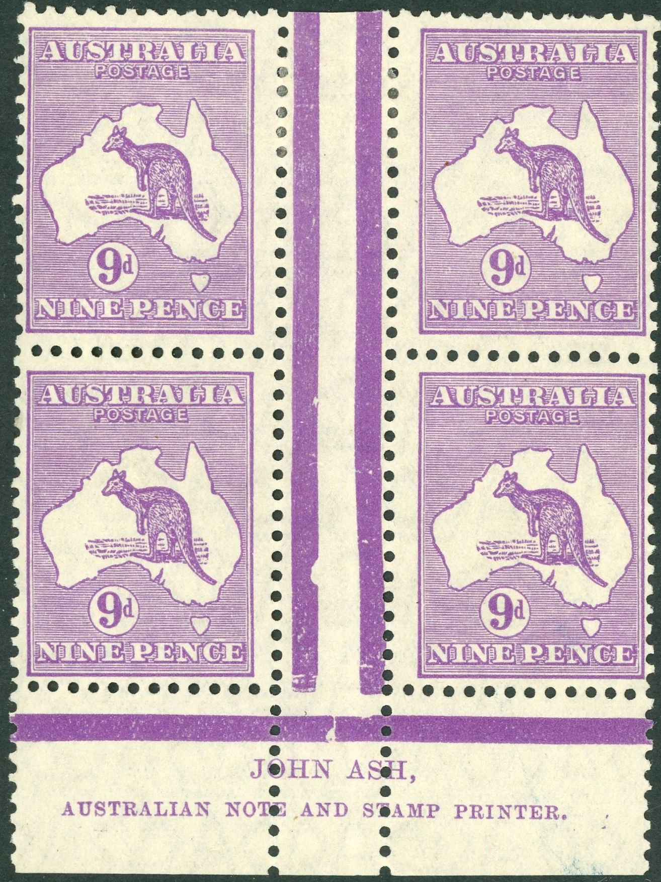 Australia BW 28(3)z 9d Nine Pence Kangaroo Block Ash Imprint Upper Position MLH