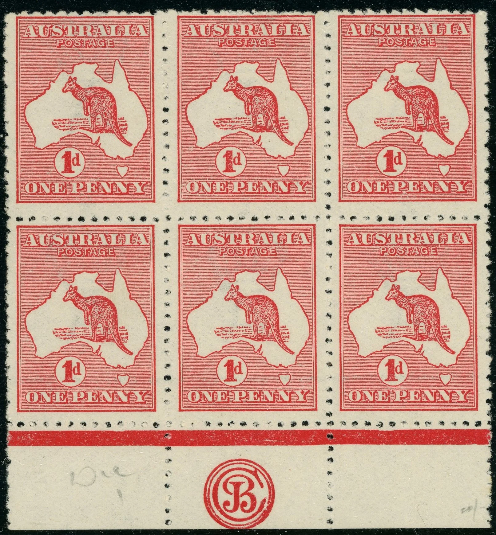 Australia BW3DZB Kangaroo 1d One Penny Red Block of 6 JBC Die 1