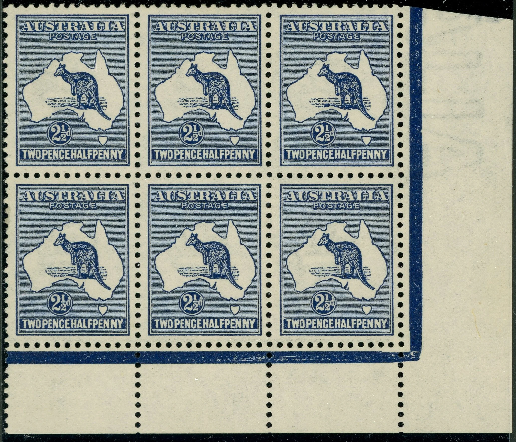Australia BW 9(1)za Two Pence Halfpenny Kangaroo No Monogram Block of 6