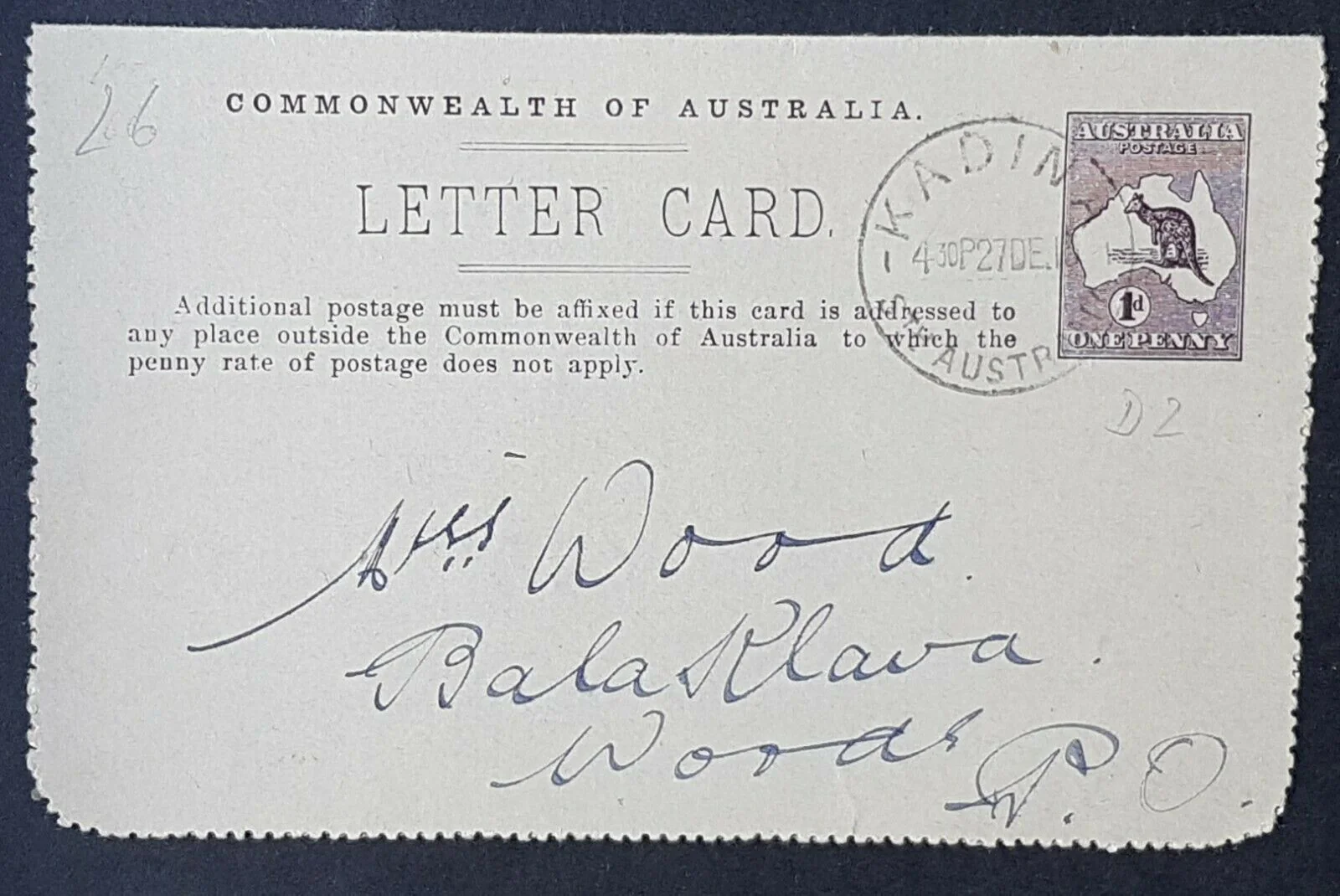 Australia Letter Card 1d Kangaroo Die 1 Mount Lofty South Australia ACSC LC 84E - Image 2