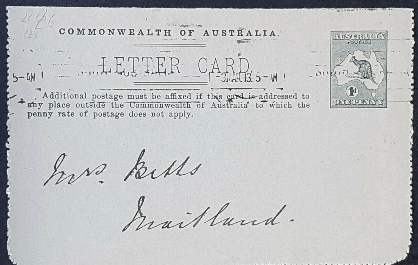 Australia Lettercard 1d Kangaroo Victor Harbour SA mint but poor cond LC 14-137A - Image 2