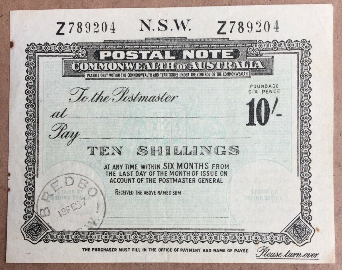 Australia NSW 10/- Postal Note banknote postal stationery used Bredbo 1957