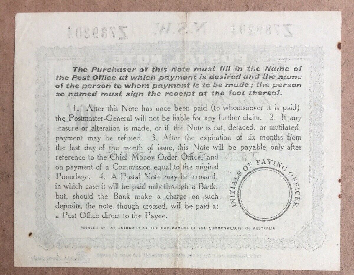 Australia NSW 10/- Postal Note banknote postal stationery used Bredbo 1957 - Image 2