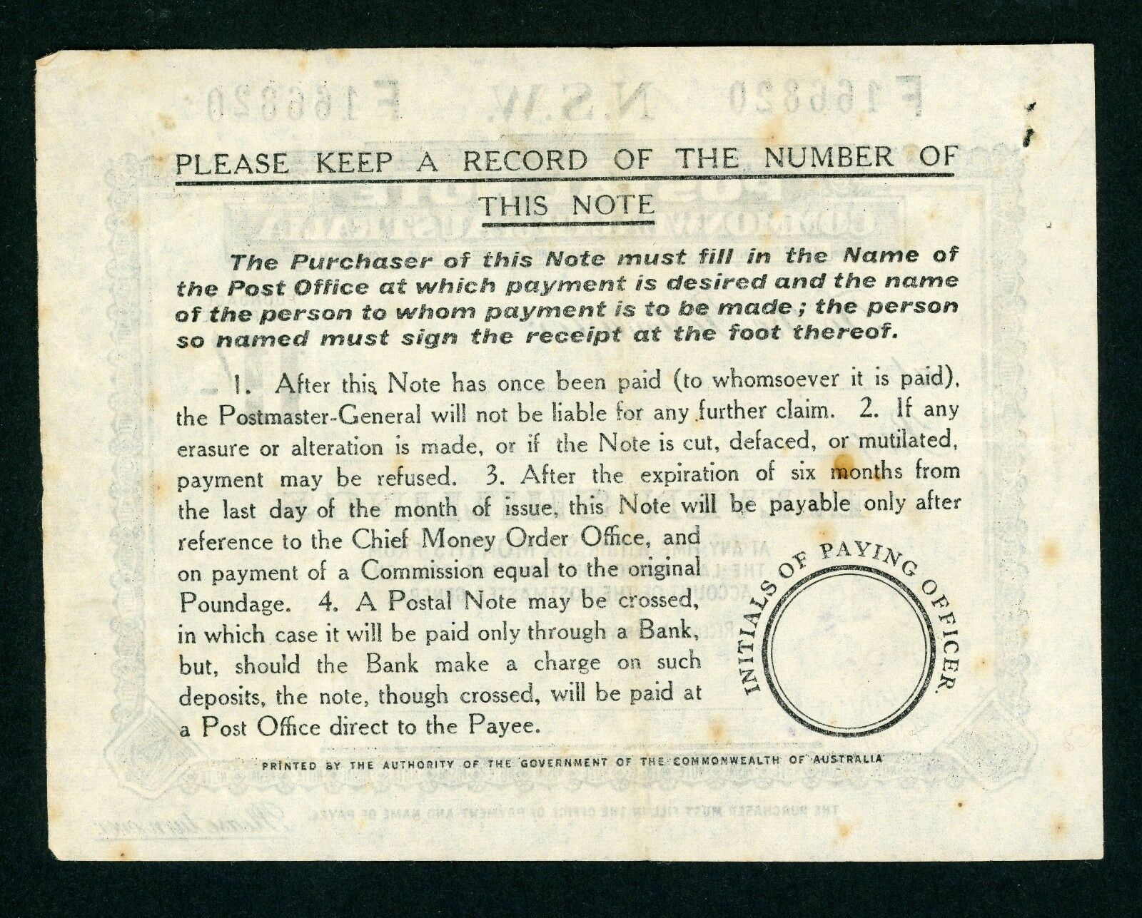 Australia NSW 11/- Postal Note banknote postal stationery used 1954 purple cds - Image 2
