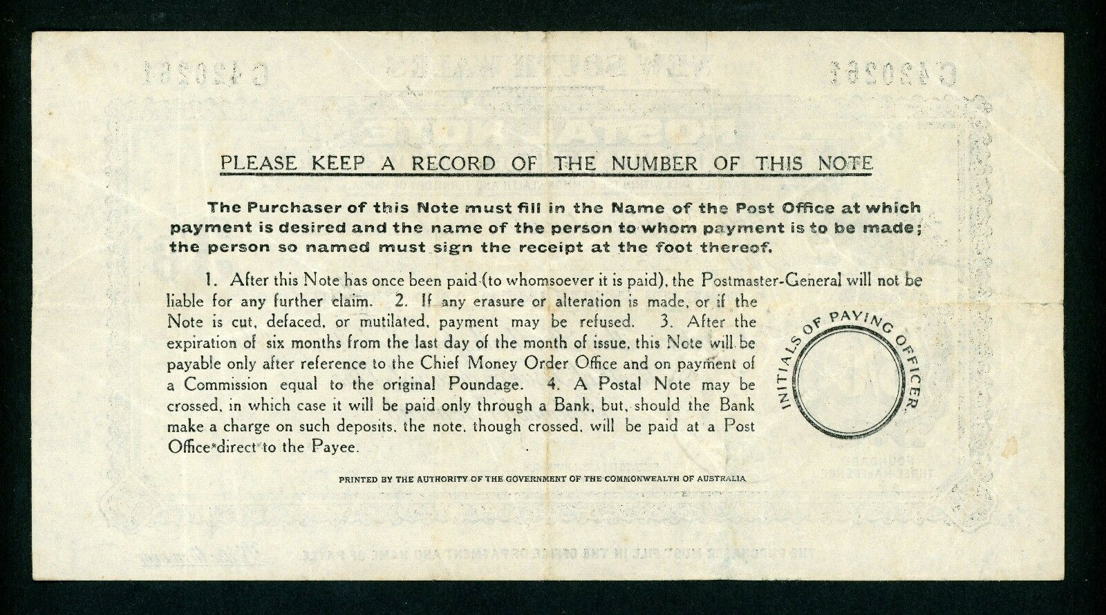Australia NSW 3/6 Postal Note banknote postal stationery used Royal Exchange1947 - Image 2