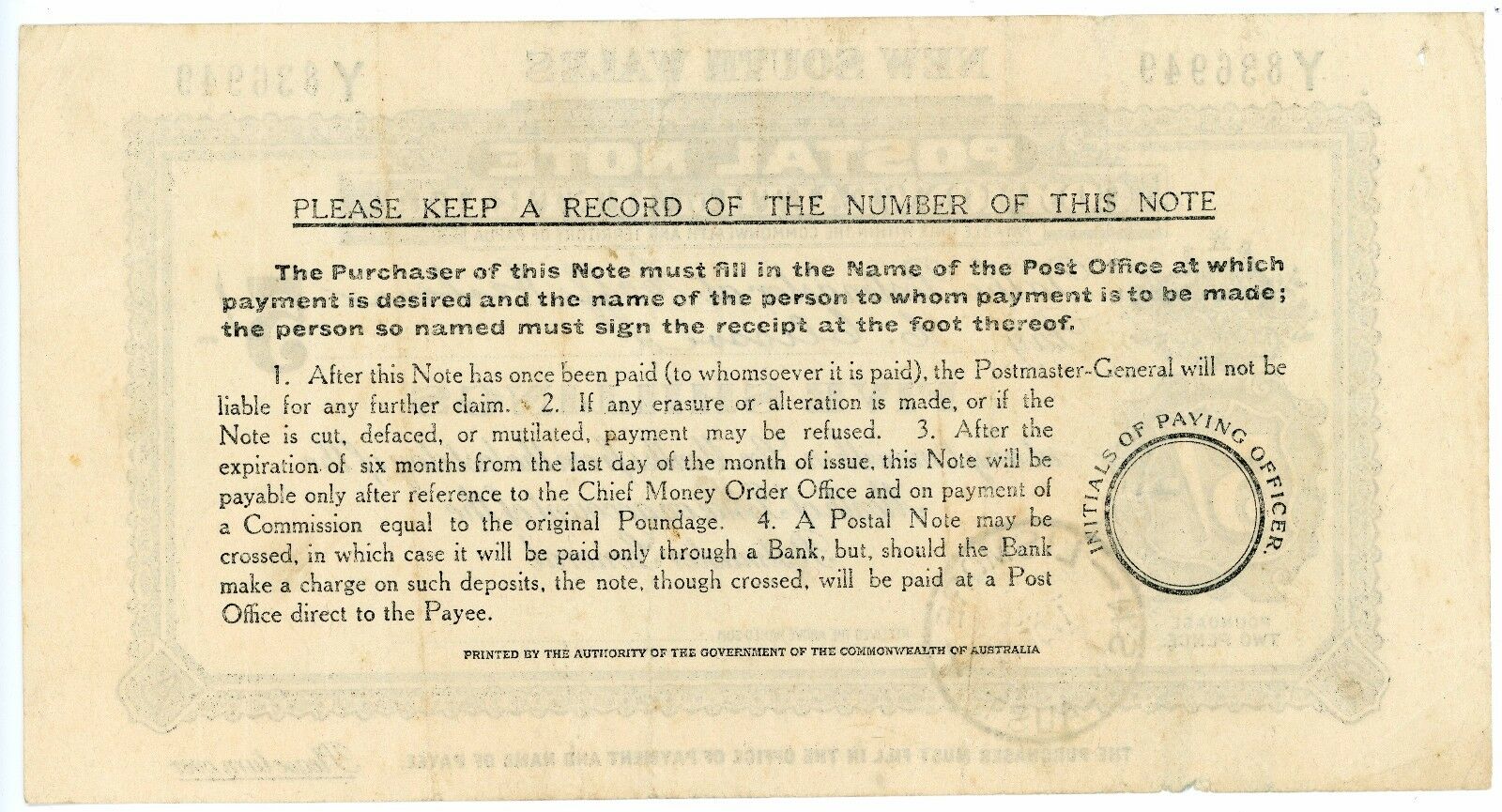 Australia NSW 5/- Postal Note bank note postal stationery used Lismore 1940s - Image 2