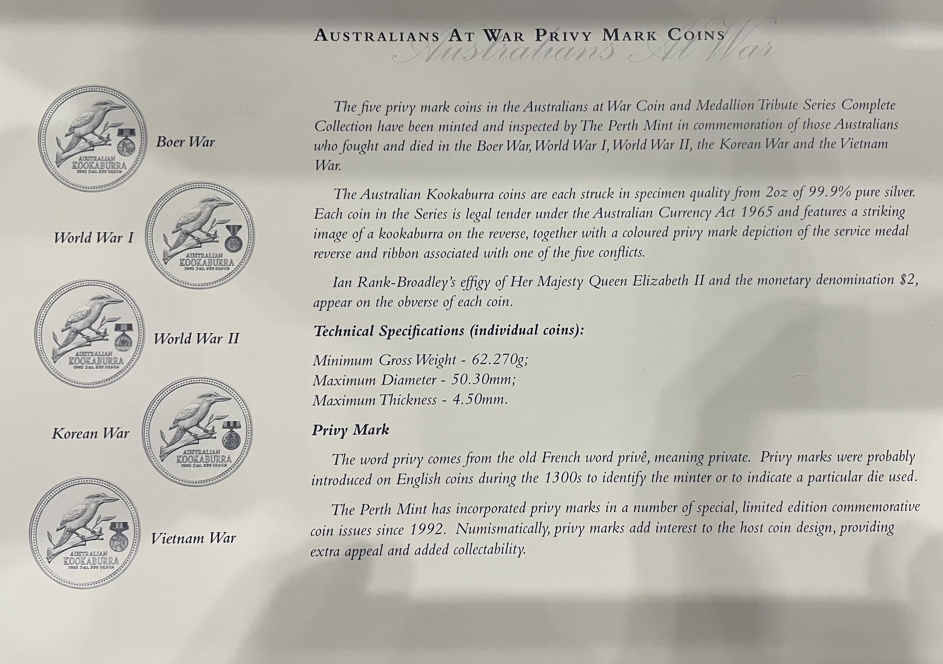 Australia Perth Mint 2003 Kookaburra Silver Coins & Medallions "Australians at War" Complete in Presentation Box - Image 4