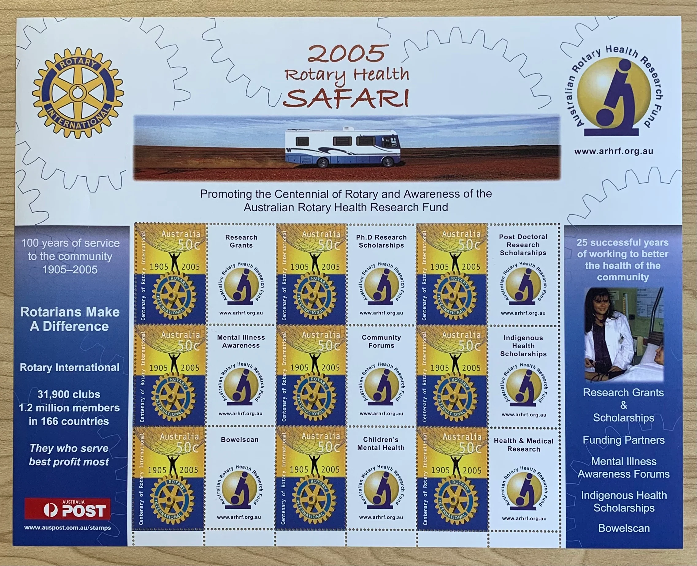 Australia 2005 50c Rotary Centenary Health Safari SES Stamp Sheet. Limited edition