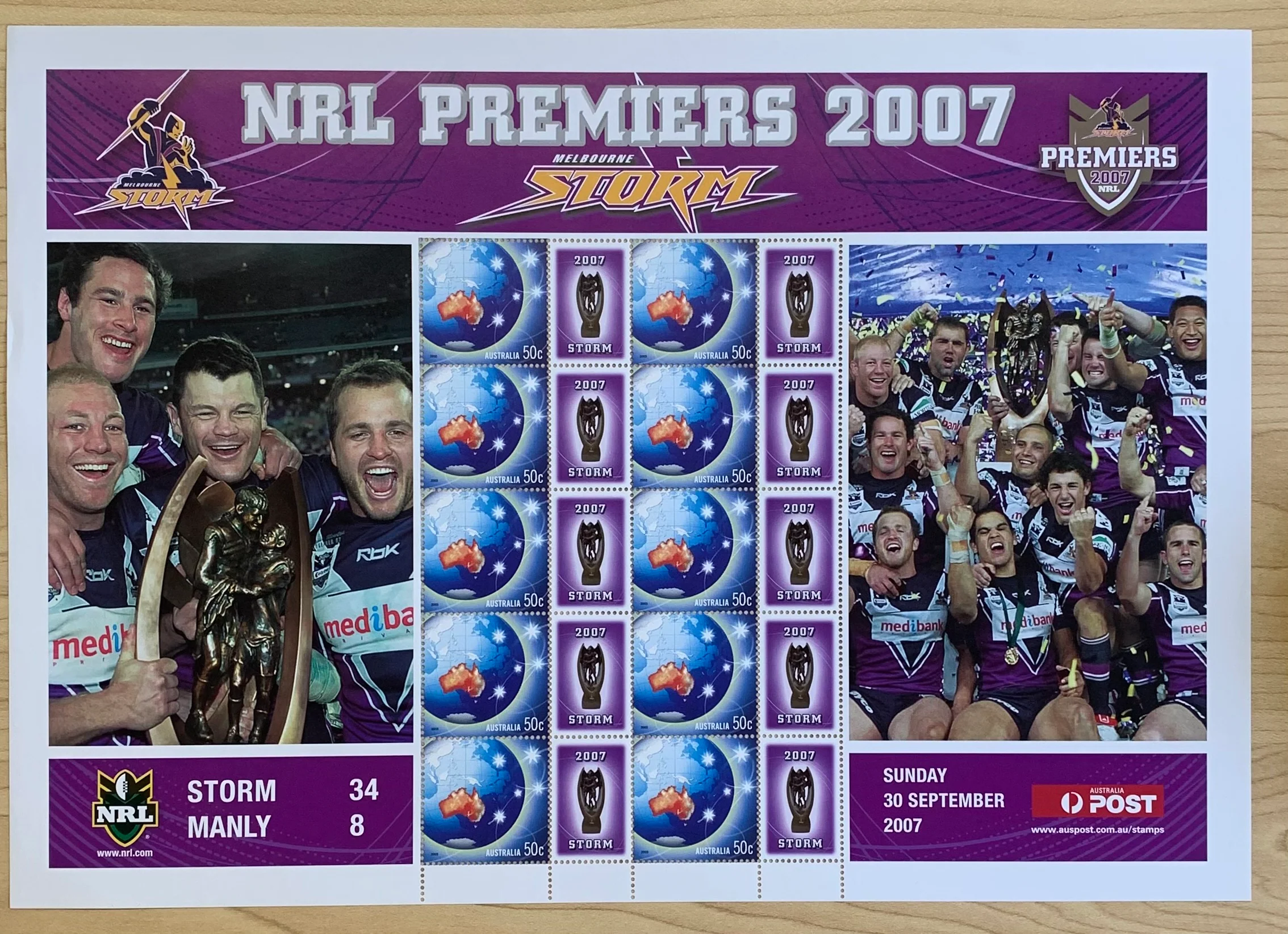 Australia 2007 50c NRL Rugby Premiers Melbourne Storm SES Stamp Sheet. Limited edition
