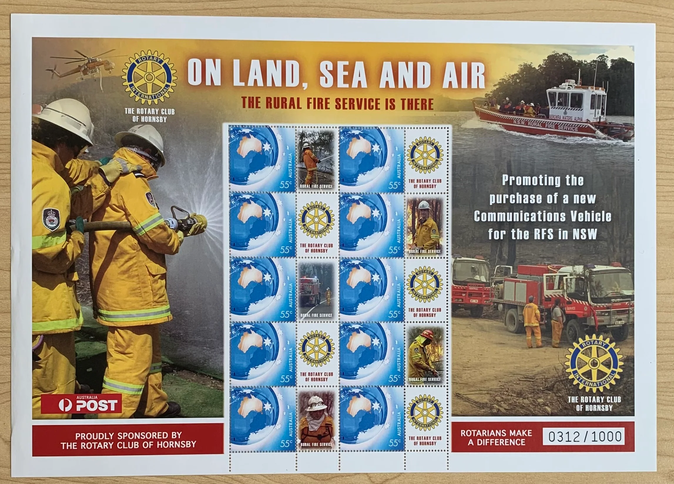 Australia 55c On Land Sea and Air Rural Fire Service, Rotary SES Stamp Sheet Limited Edition