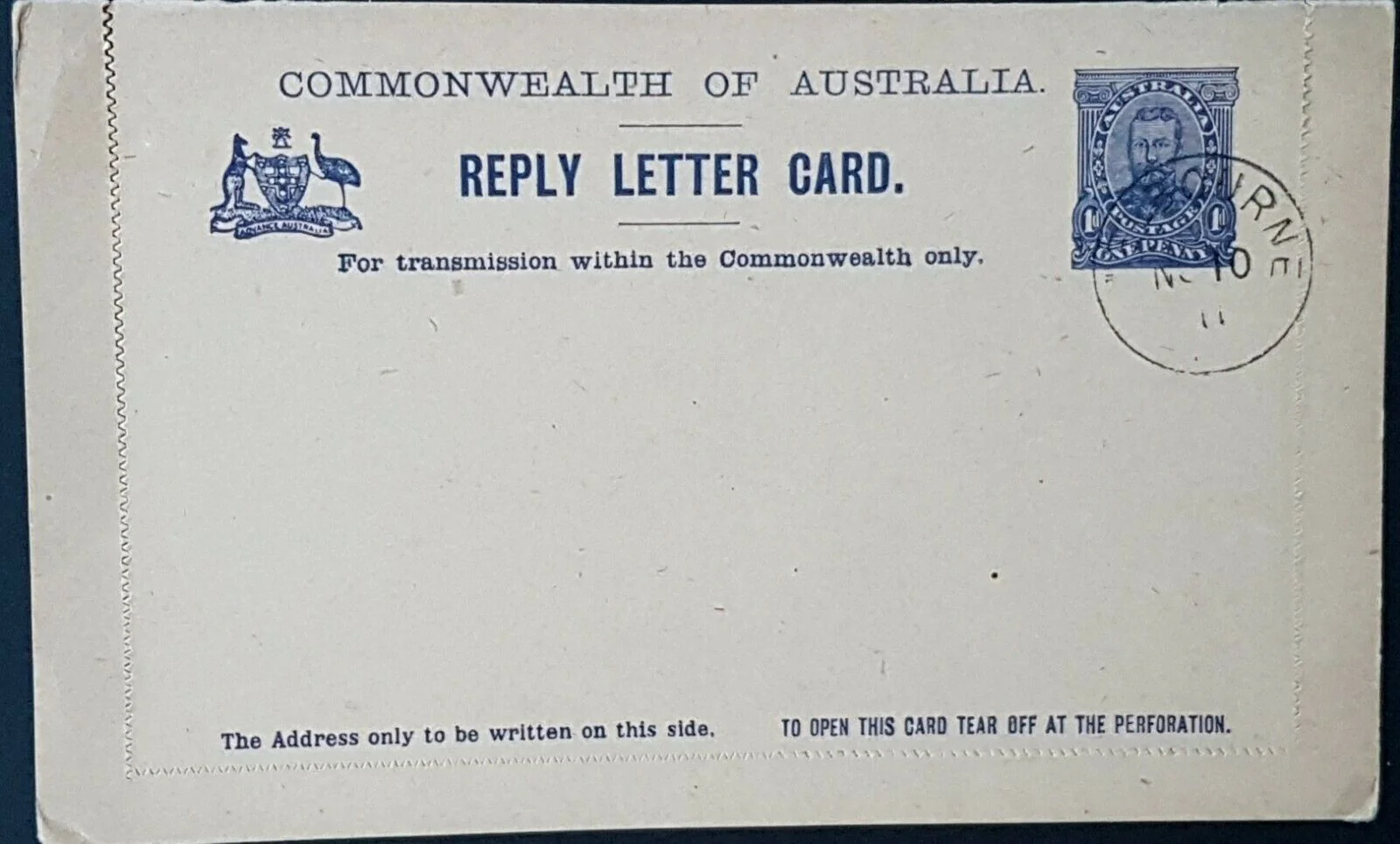 Australia Reply Letter Card 1d fullface KGV Town Hall Sydney Reply Phantom Falls - Image 2
