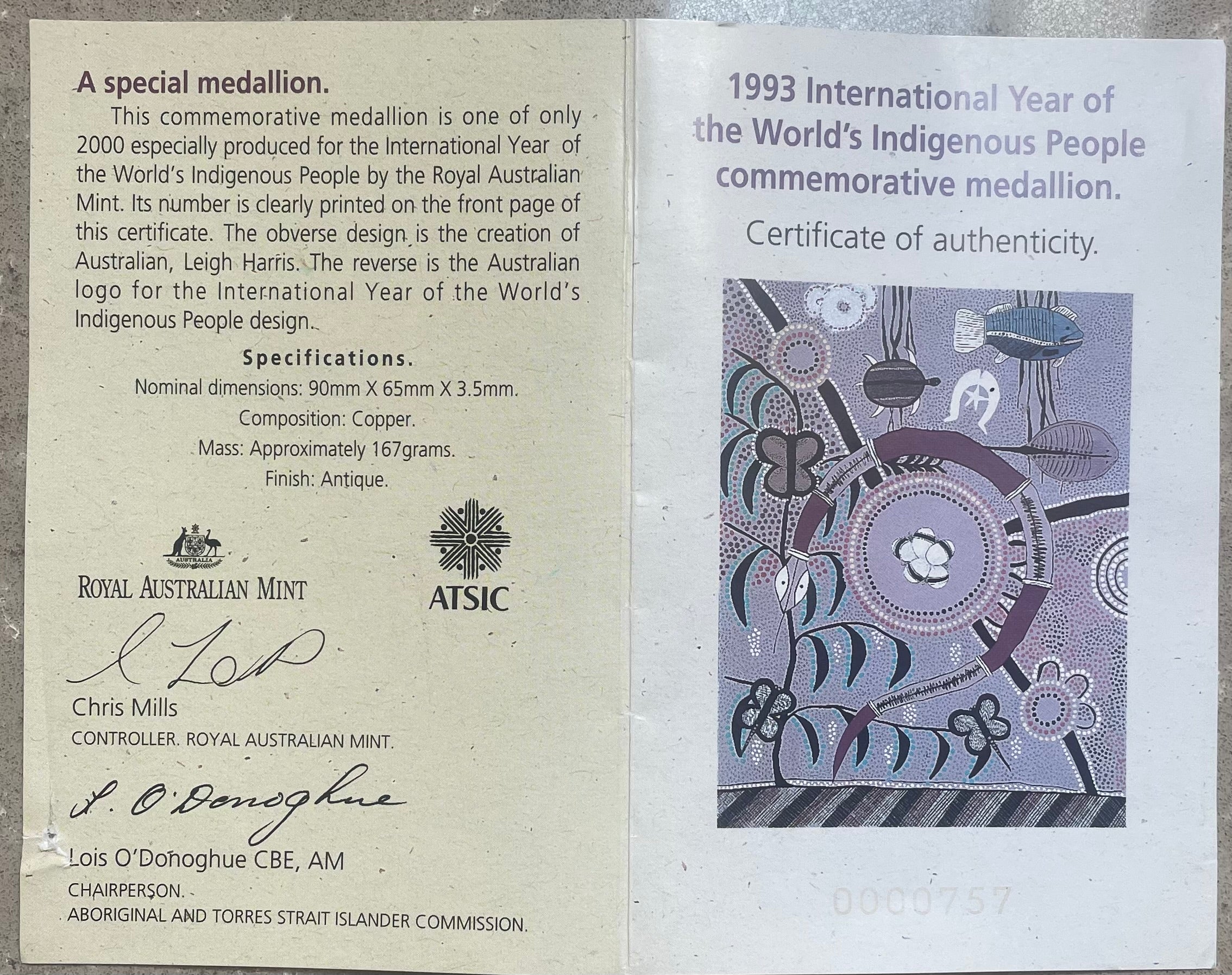 Australia Royal Australian Mint 1993 ATSIC International Year of the World's Indigenous People Medallion - Image 5