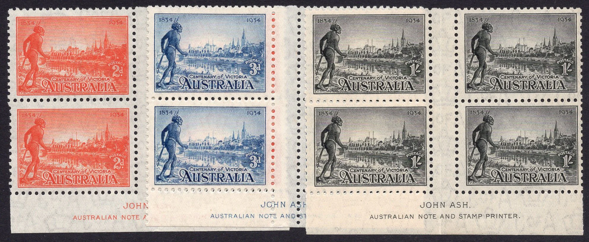 Australia SG 147-9 1934 Victoria Centenary Set Perf 10½ imprint blocks of 4 minor tone