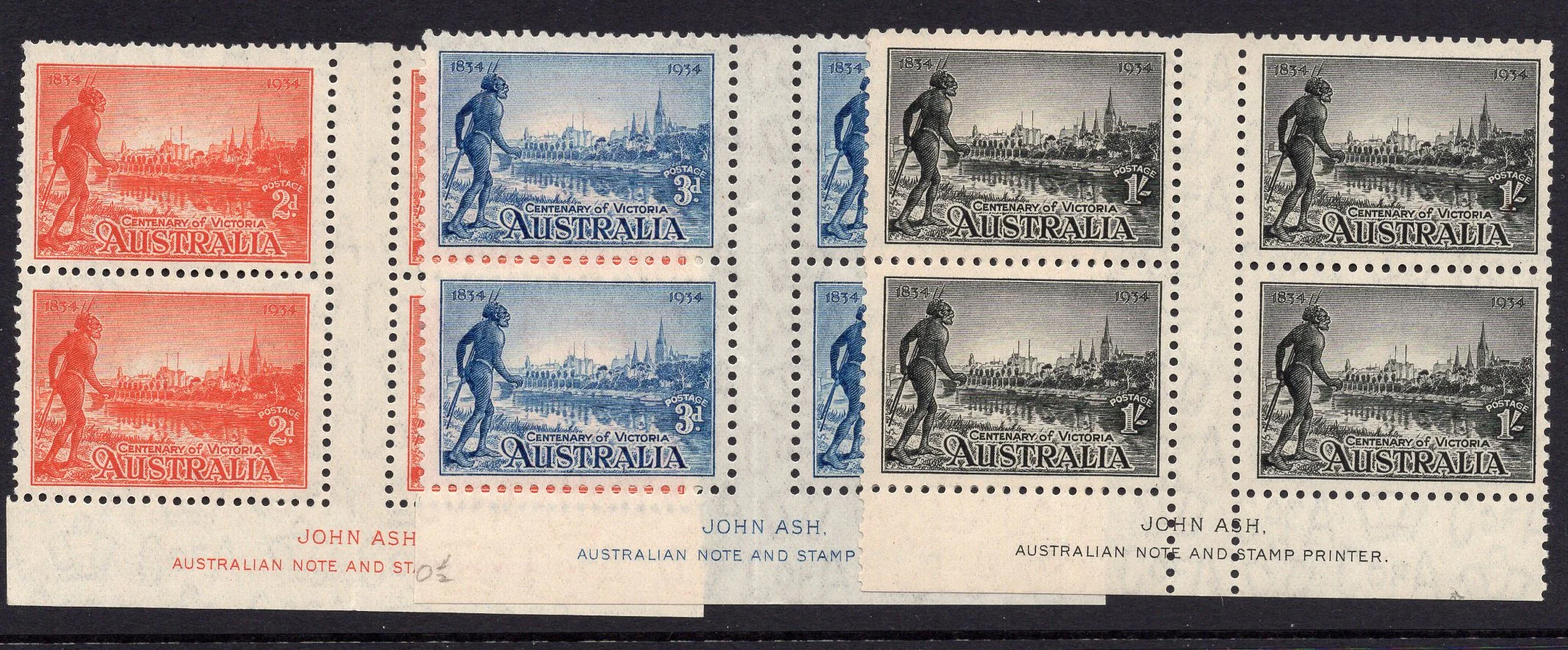 Australia SG 147-9 1934 Victoria Centenary Set Perf 10½ imprint blocks of 4 MLH