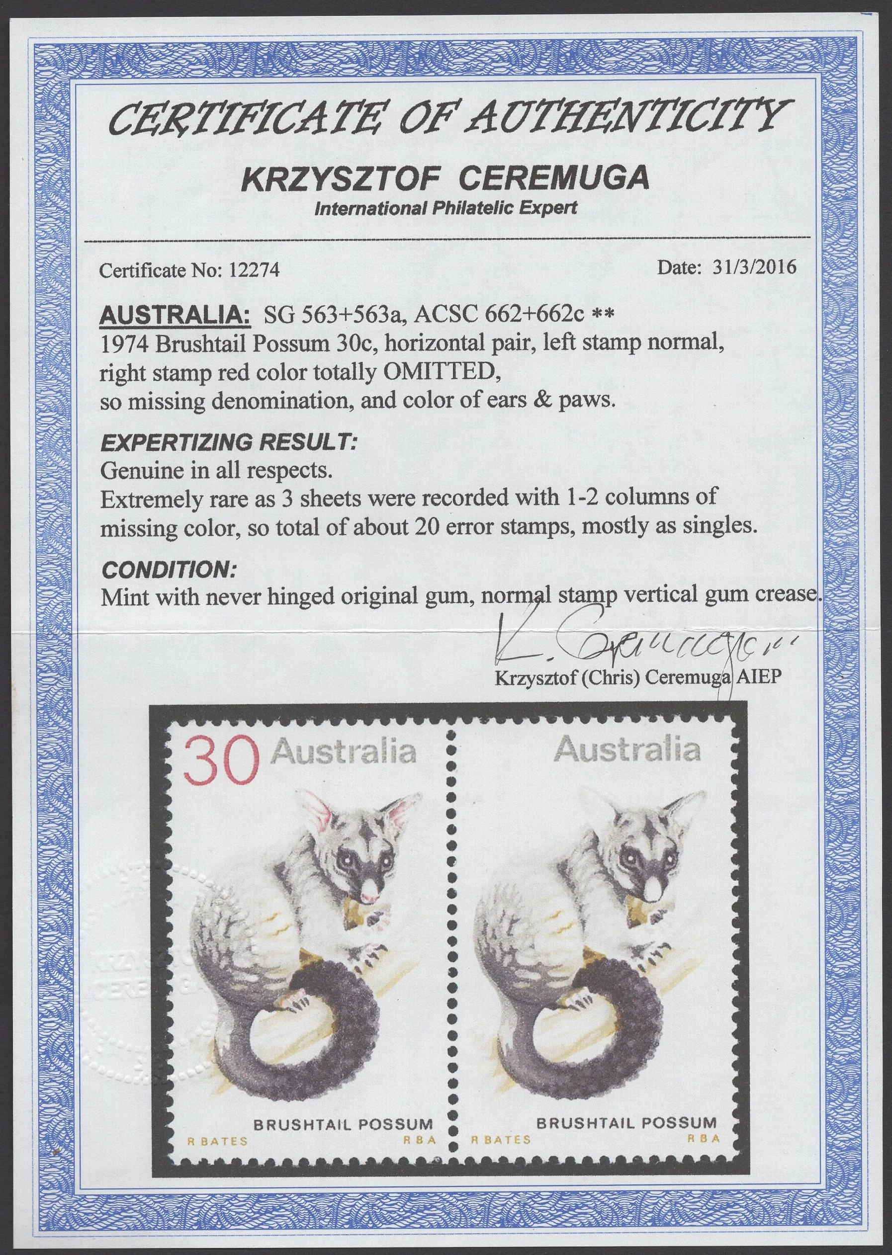 Australia SG 563a 1974 30c Possum Missing Red Error Stamp MUH - Image 2