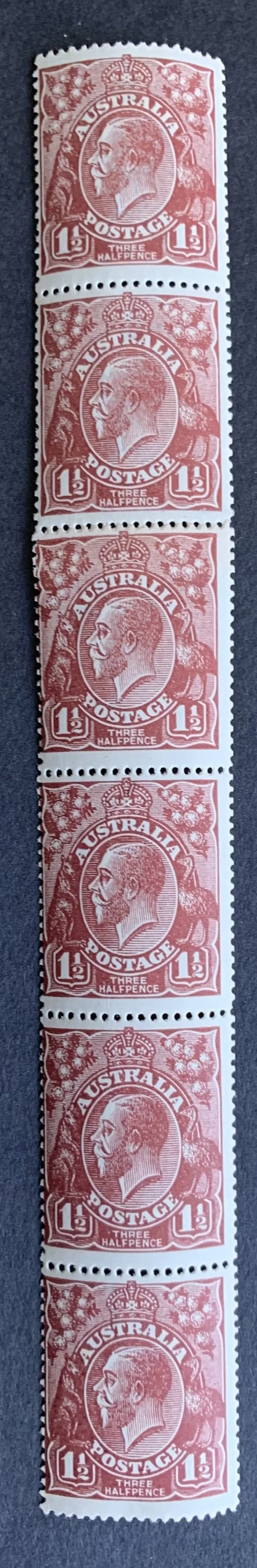 Australia SG 59 1½d red-brown KGV Single watermark coil strip of 6 MUH