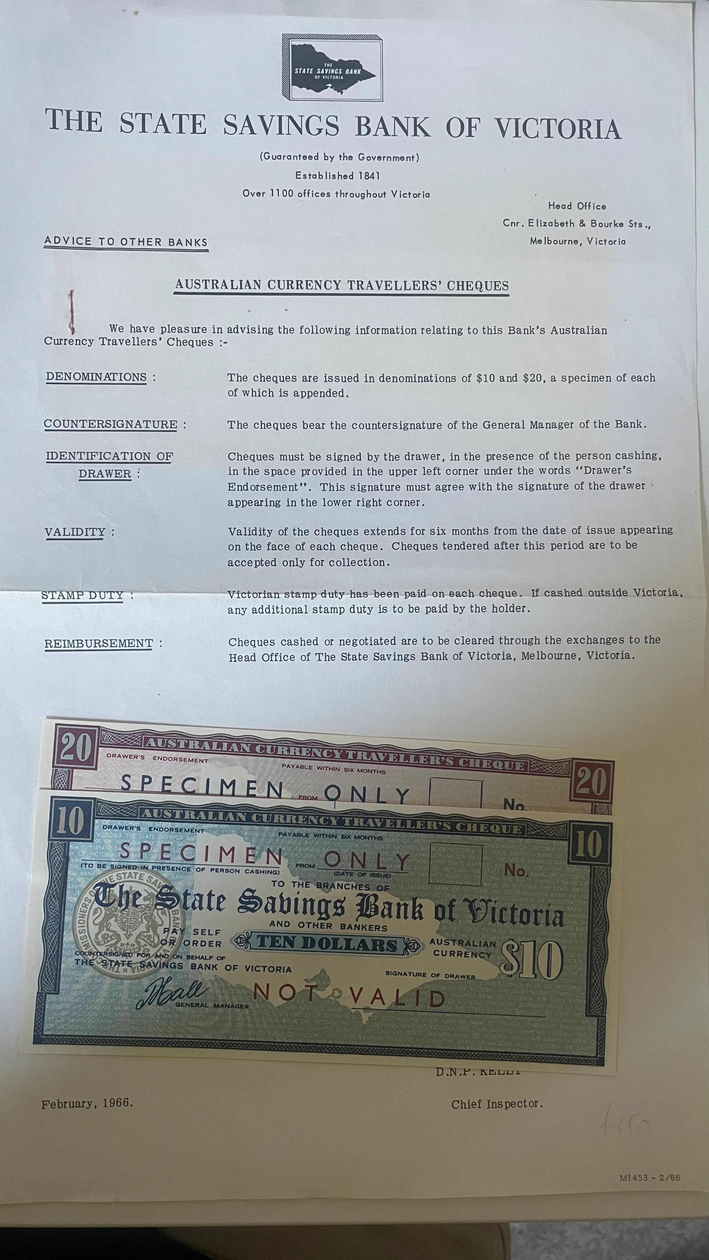 Australia State Savings Bank of Victoria 1966 $10 & $20 Travellers Cheque Overprinted Specimen