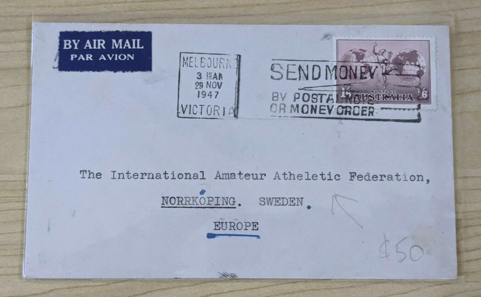 Australia - Sweden 1947 Hermes Cover International Amateur Athletic Federation