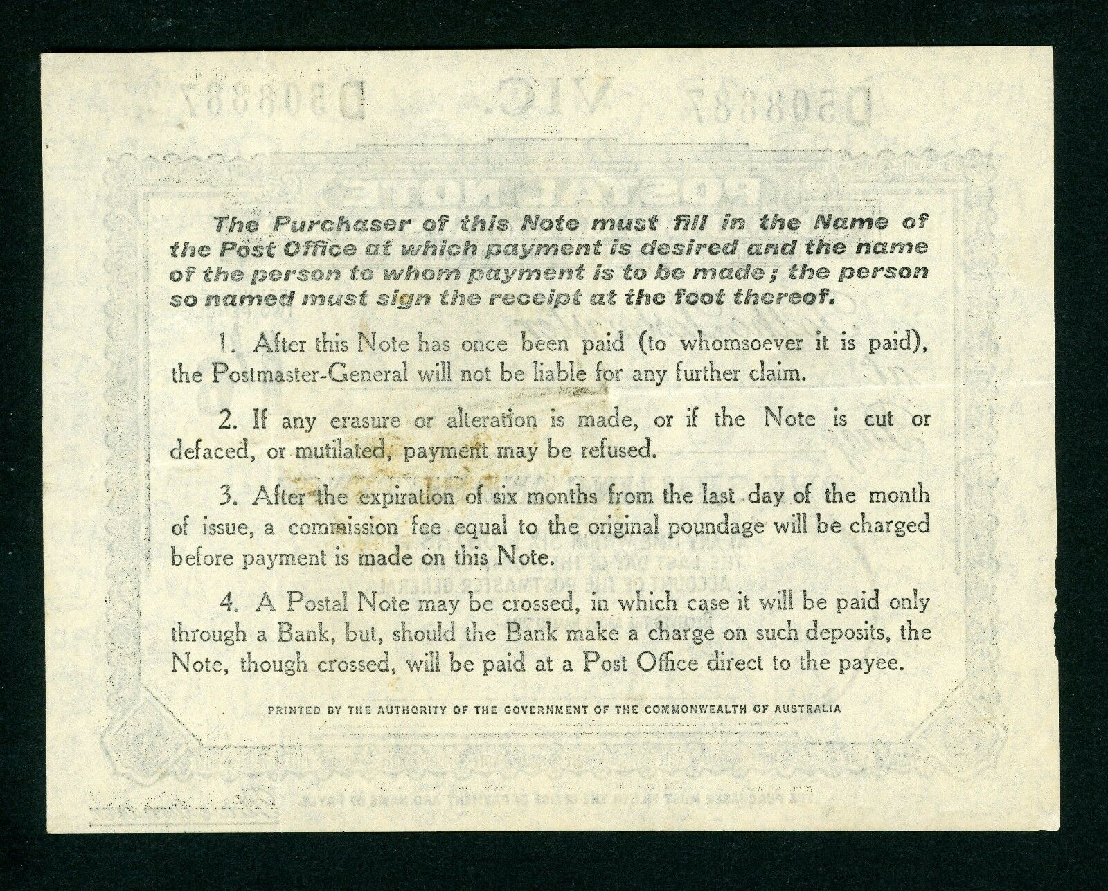 Australia Victoria 1/6 Postal Note banknote postal stationery used Mitcham - Image 2