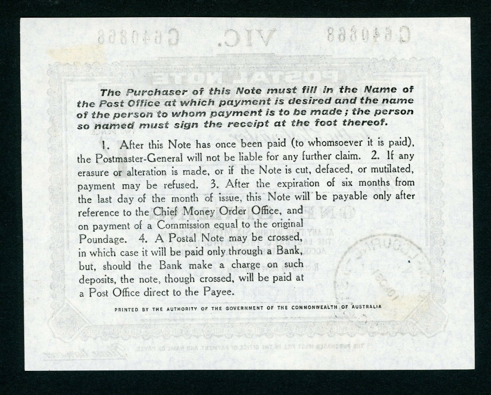 Australia Victoria 1/- Postal Note banknote postal stationery used Melbourne1961 - Image 2
