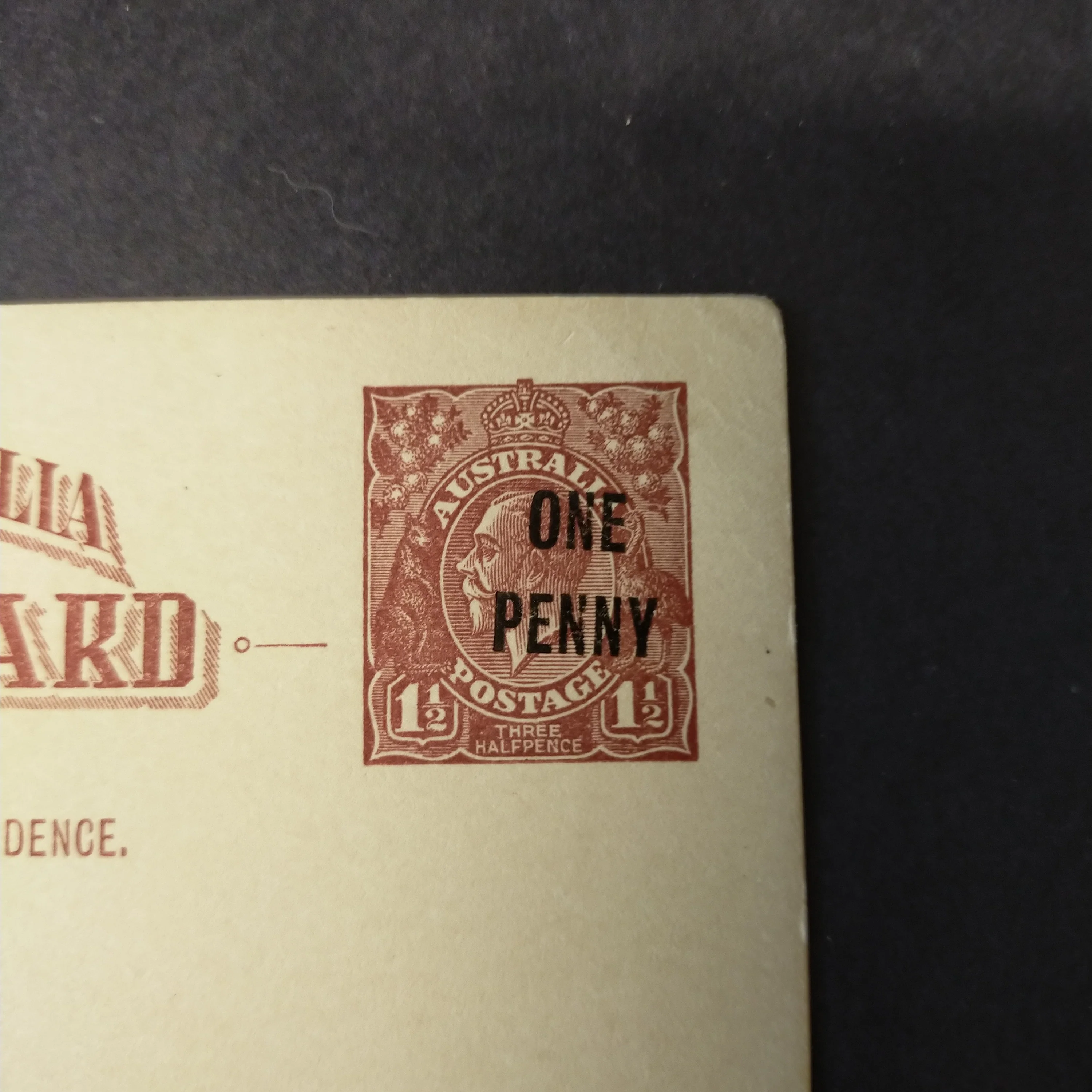 Australia Vintage Postal Card 1 1/2d with One Penny Overprint KGV Stamp Postcard - Image 3