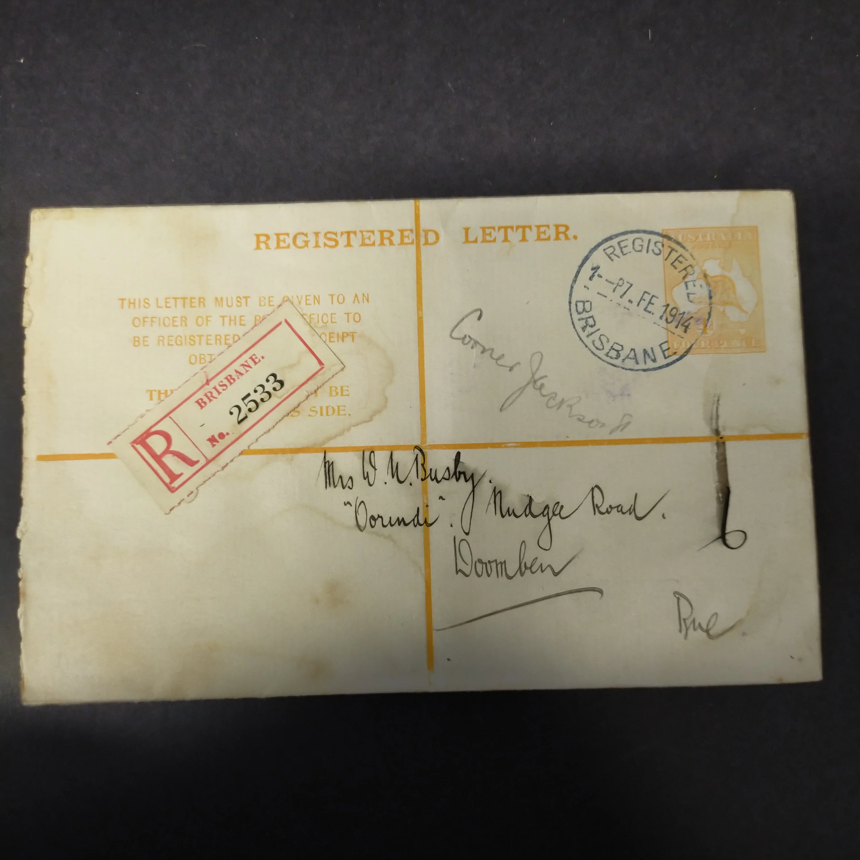 Australia 1914 4d Kangaroo Long Registered Envelope From Brisbane to Doomben