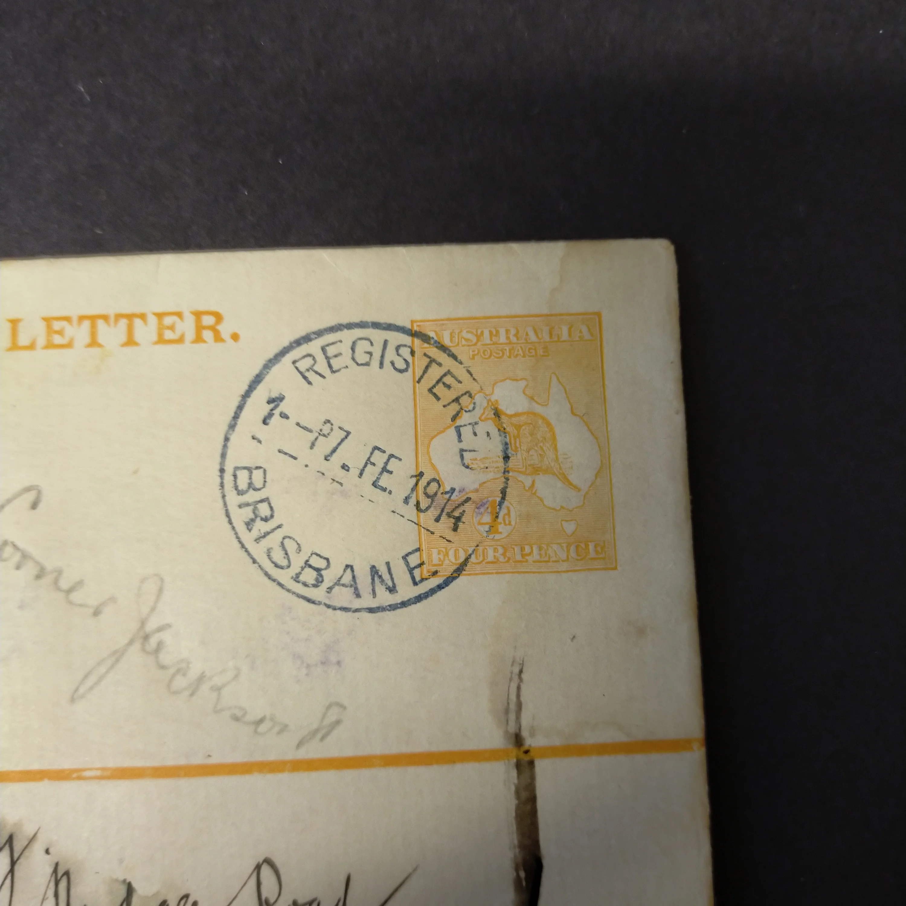 Australia 1914 4d Kangaroo Long Registered Envelope From Brisbane to Doomben - Image 3